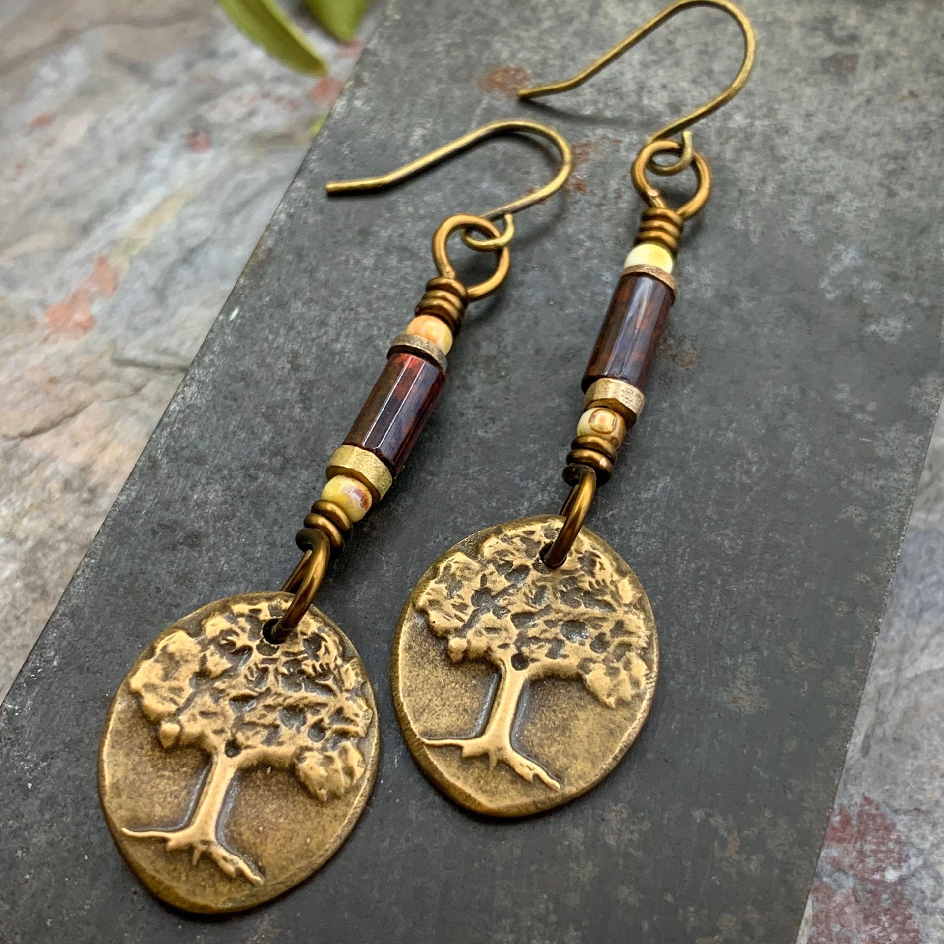 Tree of Life, Bronze Earrings, Czech Glass Beads, Hypoallergenic Ear Wires, Handmade, Art Jewelry, Wire Wrapped Beads, Oval Tree Dangles