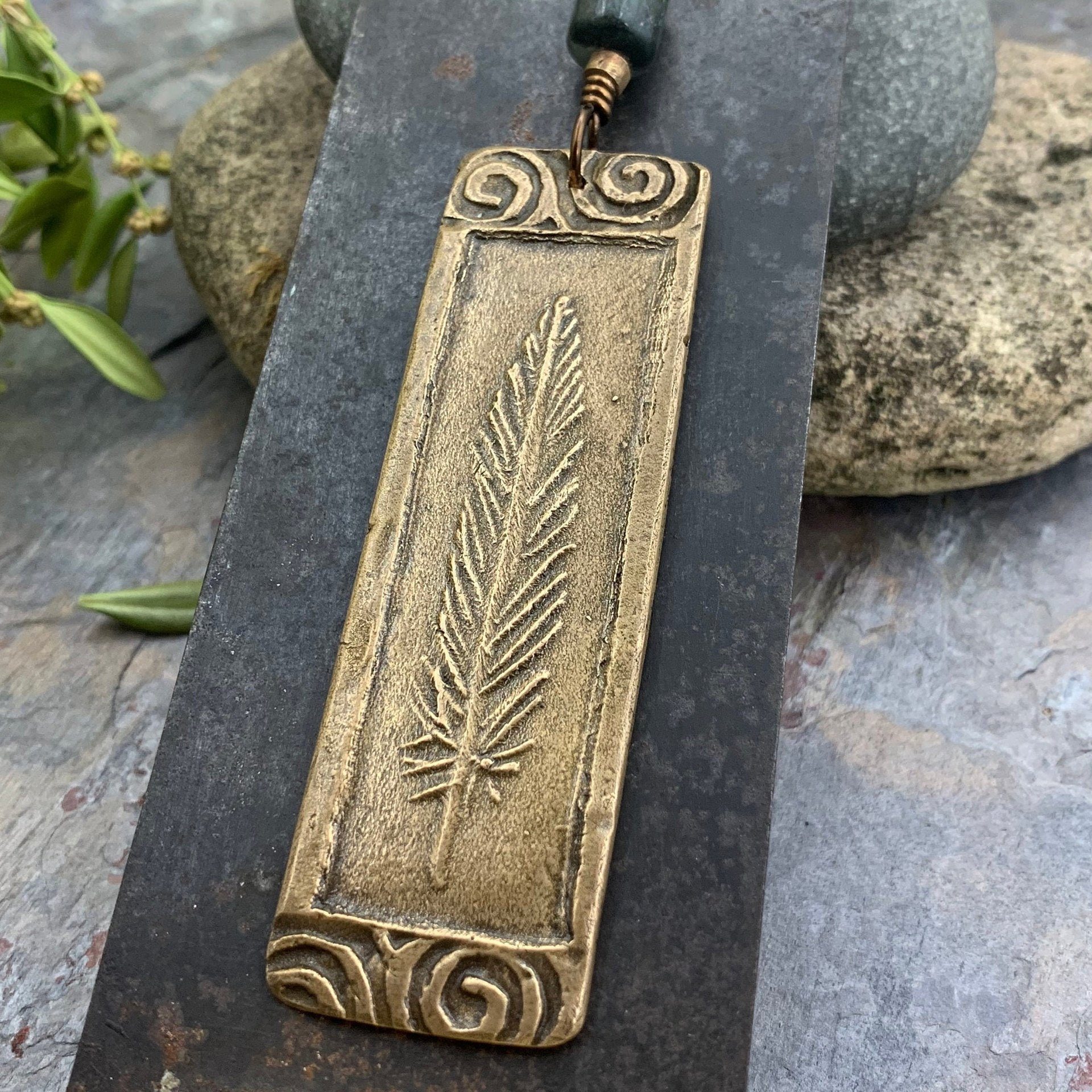 Bronze Feather Pendant, Connemara Marble, Celtic Spirals, Long Single Feather, Handmade, Art Jewelry, Long Necklace, Soul Harbor Jewelry