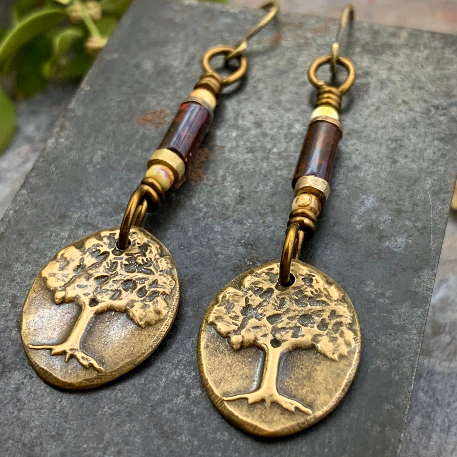 Tree of Life, Bronze Earrings, Czech Glass Beads, Hypoallergenic Ear Wires, Handmade, Art Jewelry, Wire Wrapped Beads, Oval Tree Dangles