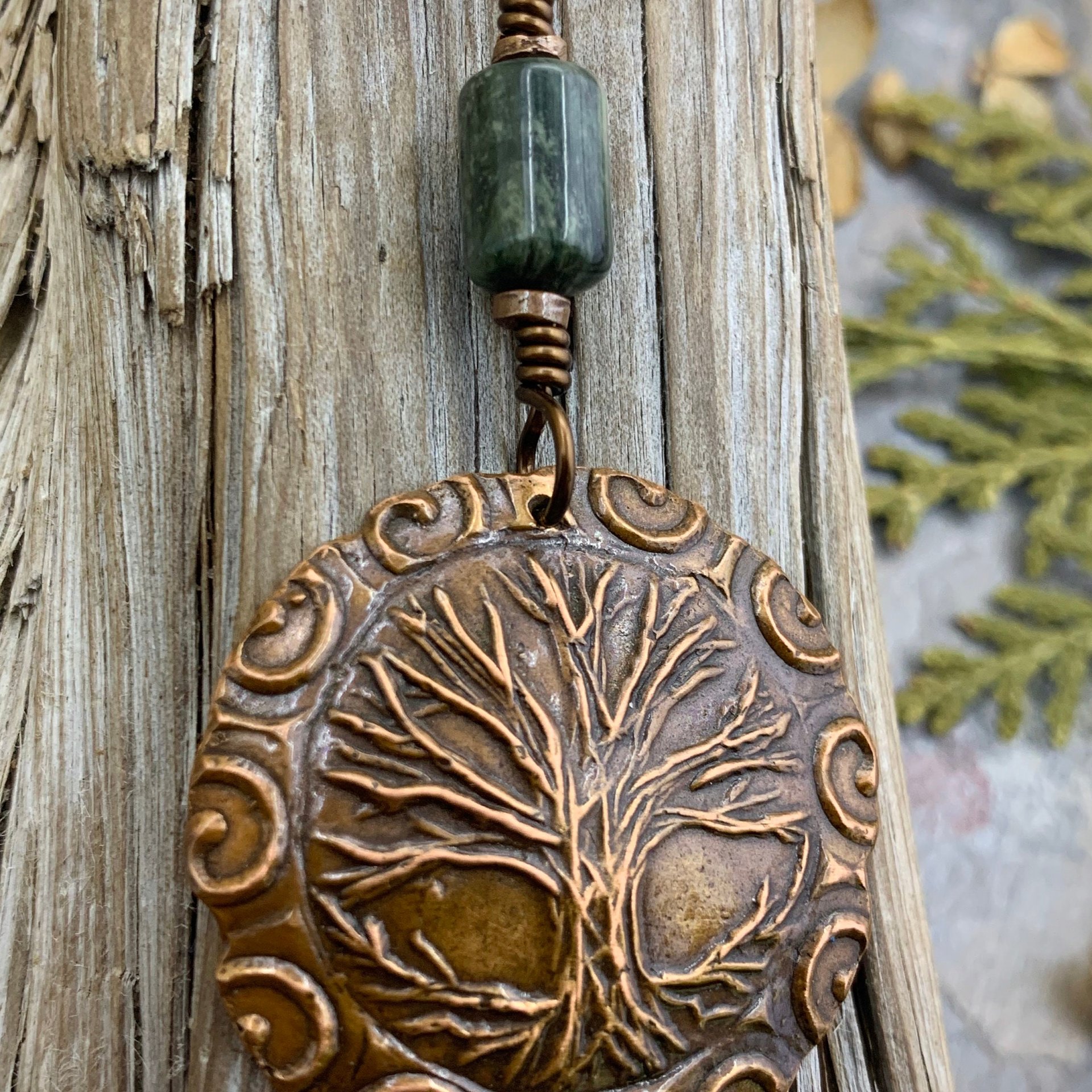 Celtic Tree of Life, Copper Pendant, Connemara Marble, Irish Celtic Jewelry, Crann Bethadh, 7th Wedding Anniversary, Hand Carved Art Jewelry