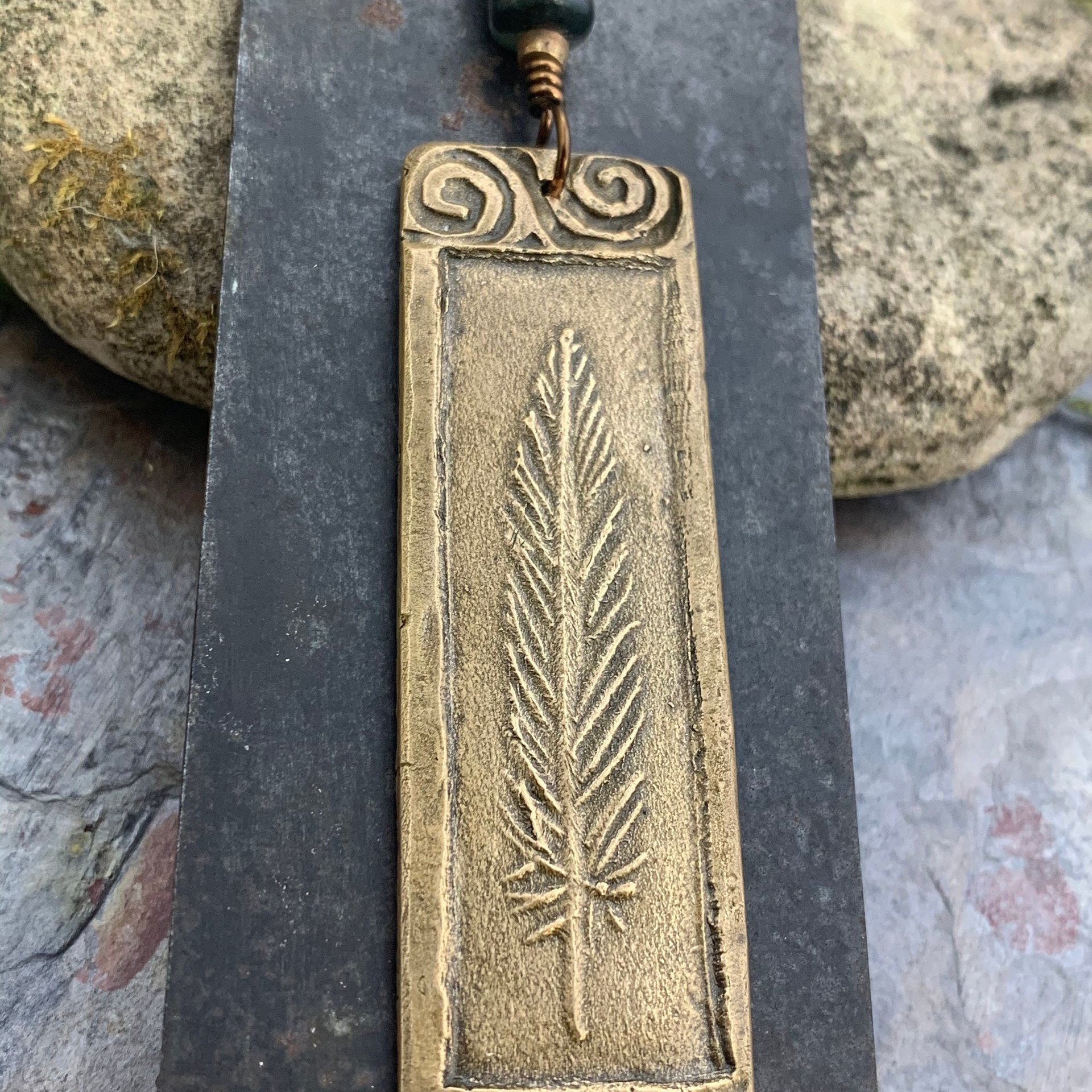 Bronze Feather Pendant, Connemara Marble, Celtic Spirals, Long Single Feather, Handmade, Art Jewelry, Long Necklace, Soul Harbor Jewelry