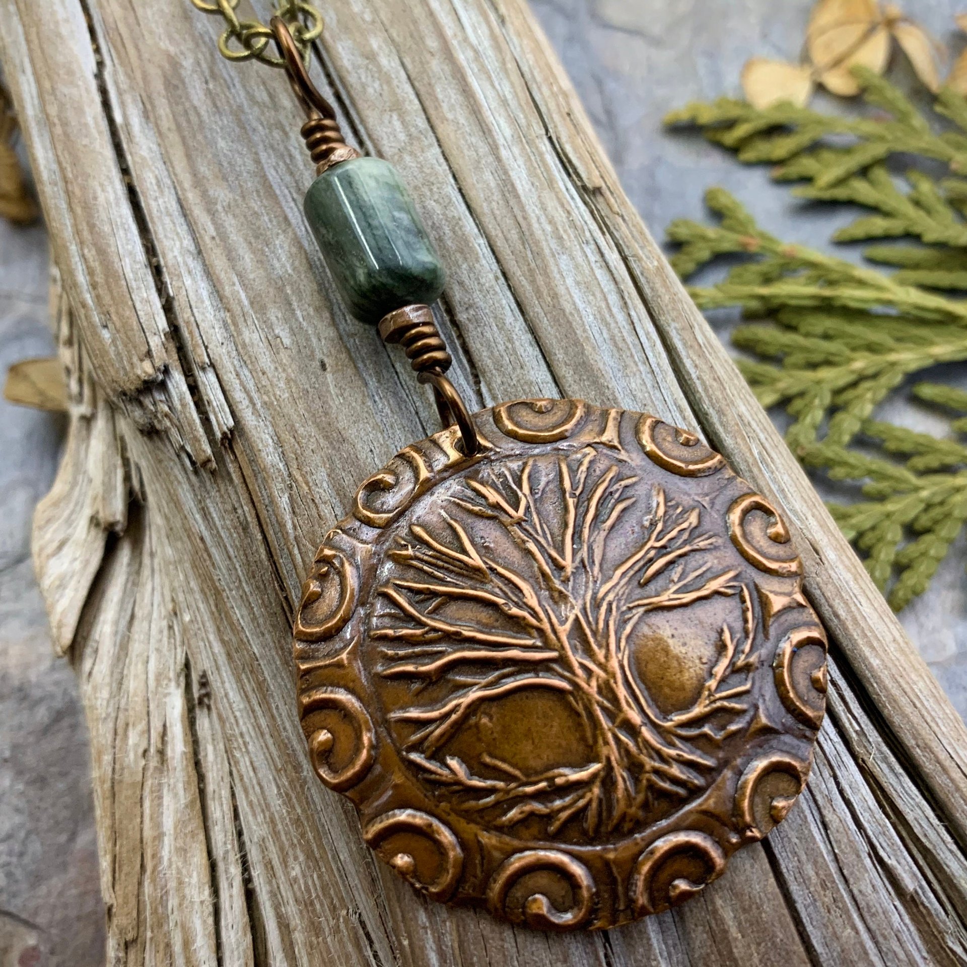Celtic Tree of Life, Copper Pendant, Connemara Marble, Irish Celtic Jewelry, Crann Bethadh, 7th Wedding Anniversary, Hand Carved Art Jewelry