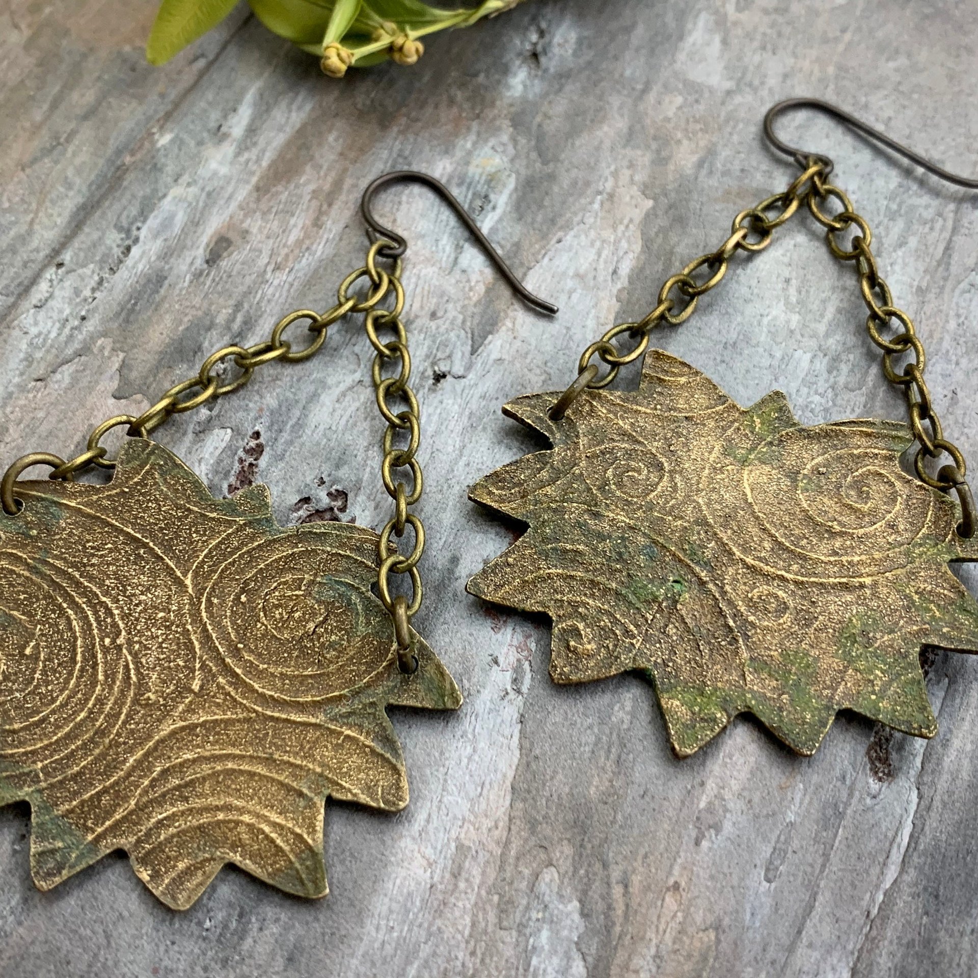 Lotus & Chain Earrings, Bronze Verdigris Patina, Large Statement Earrings, Hand Carved, Hypoallergenic Ear Wires, Handmade Art Jewelry