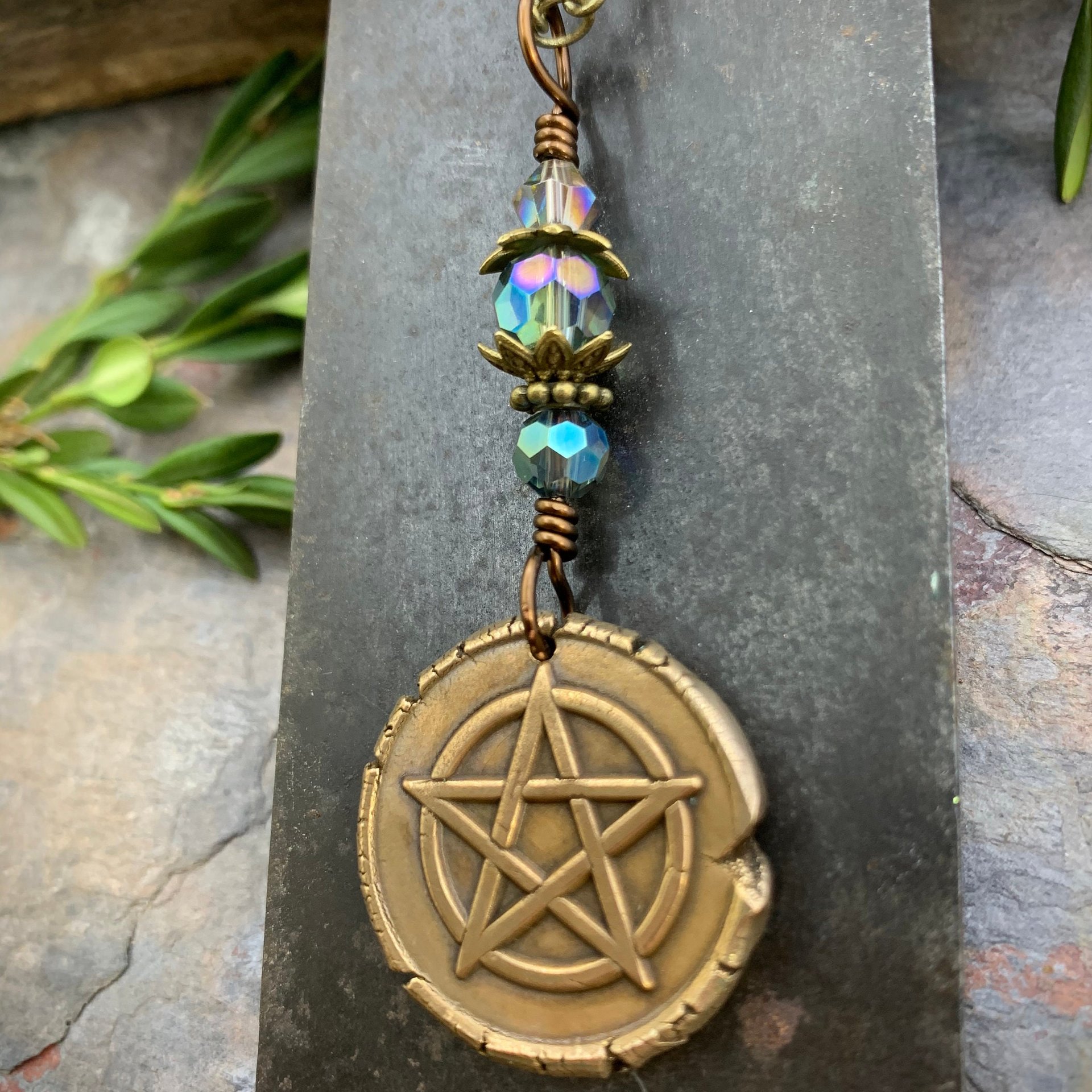 Pentagram Charm Necklace, Blue Crystal Beads, 5 Elements, Long Pentacle Necklace, Pagan Wicca, Earth Air Fire Water Spirit, Handmade Art