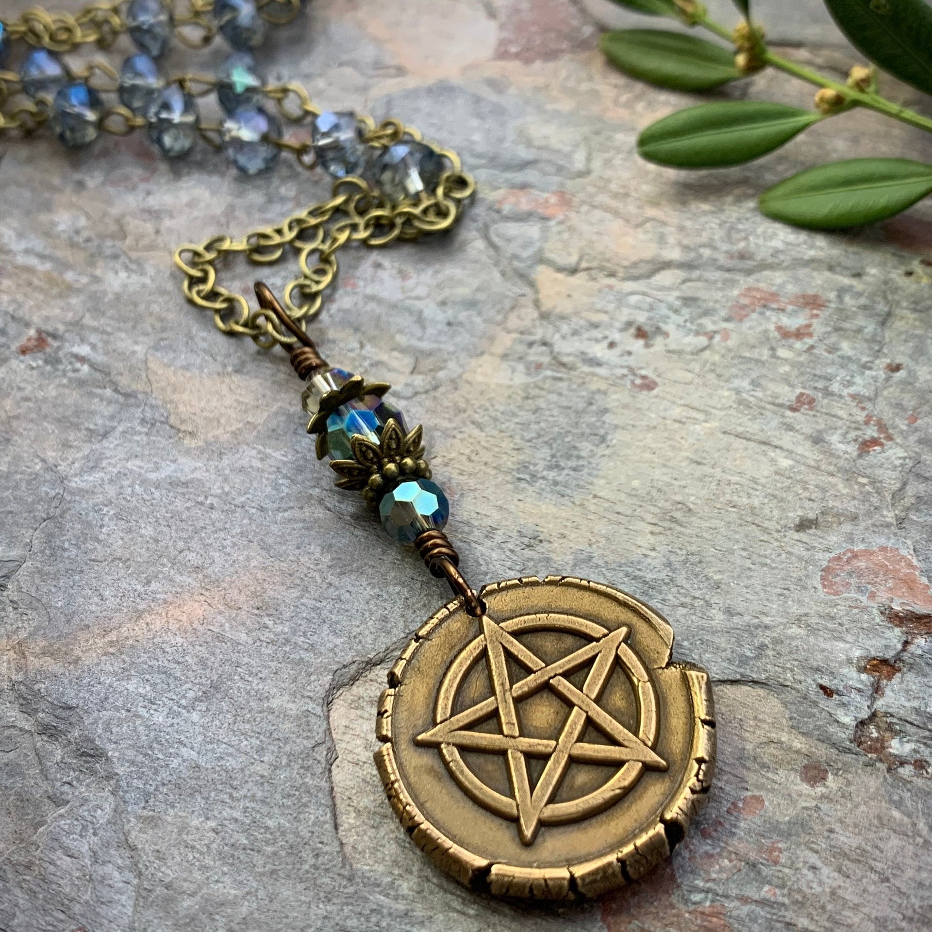 Pentagram Charm Necklace, Blue Crystal Beads, 5 Elements, Long Pentacle Necklace, Pagan Wicca, Earth Air Fire Water Spirit, Handmade Art