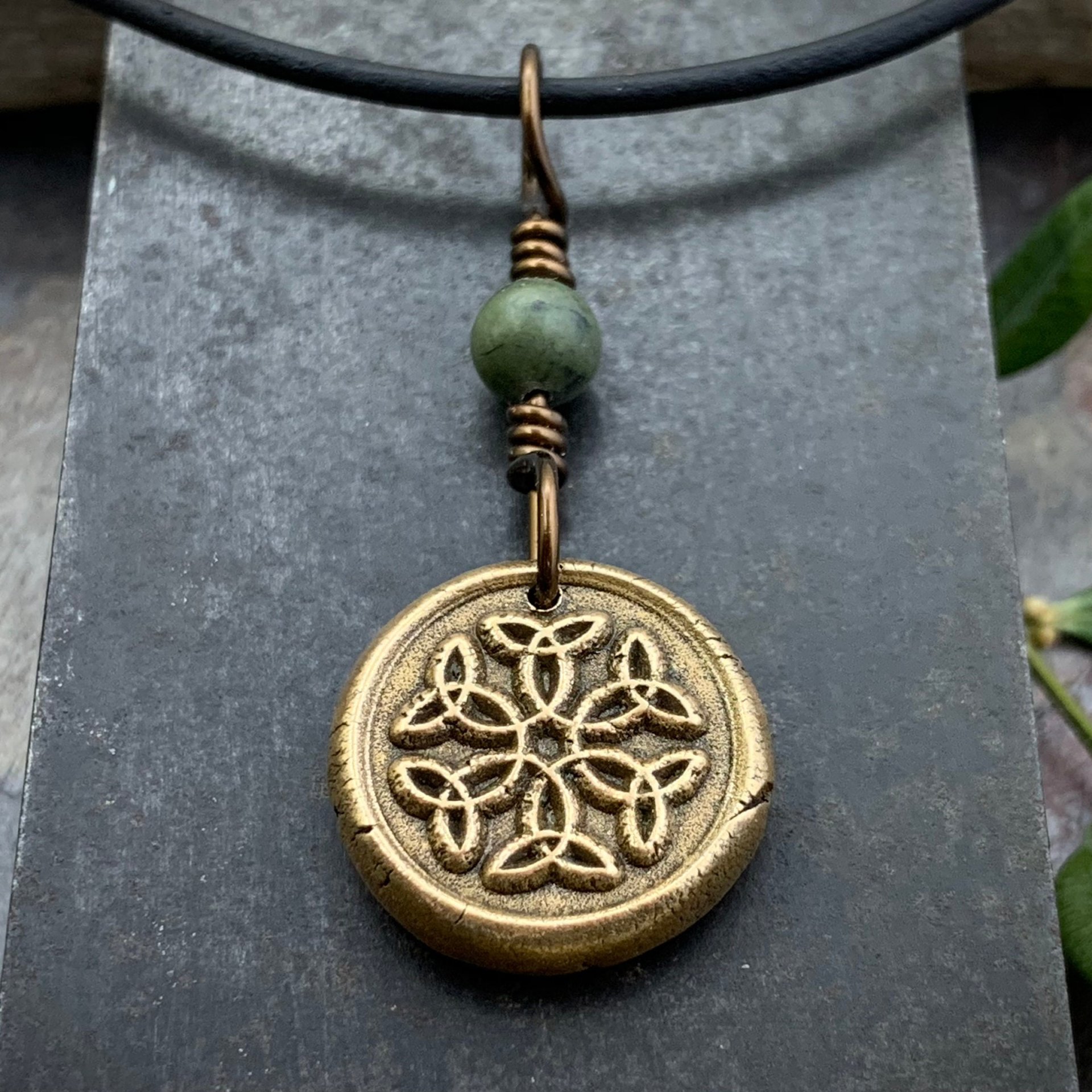 Trinity Knot Pendant, Bronze Wax Seal Charm, Connemara Marble, Irish Celtic, Leather & Vegan Cords, Triple Goddess, Handmade Art Jewelry