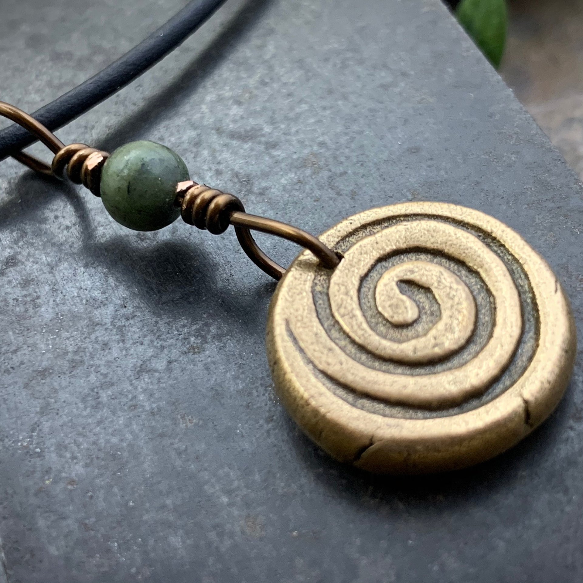 Trinity Knot Pendant, Bronze Wax Seal Charm, Connemara Marble, Irish Celtic, Leather & Vegan Cords, Triple Goddess, Handmade Art Jewelry