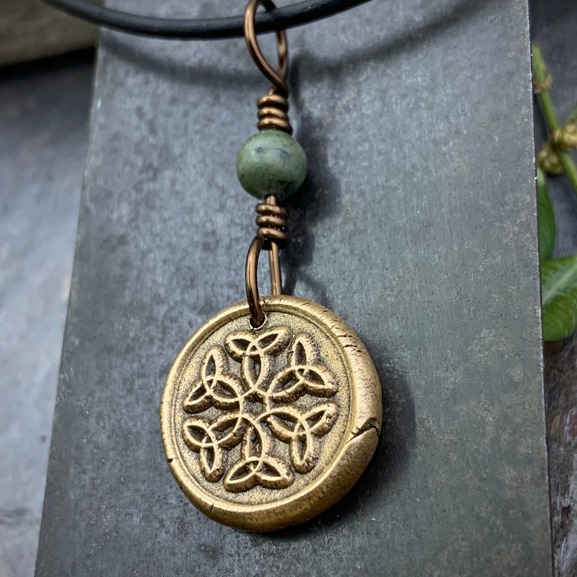 Trinity Knot Pendant, Bronze Wax Seal Charm, Connemara Marble, Irish Celtic, Leather & Vegan Cords, Triple Goddess, Handmade Art Jewelry