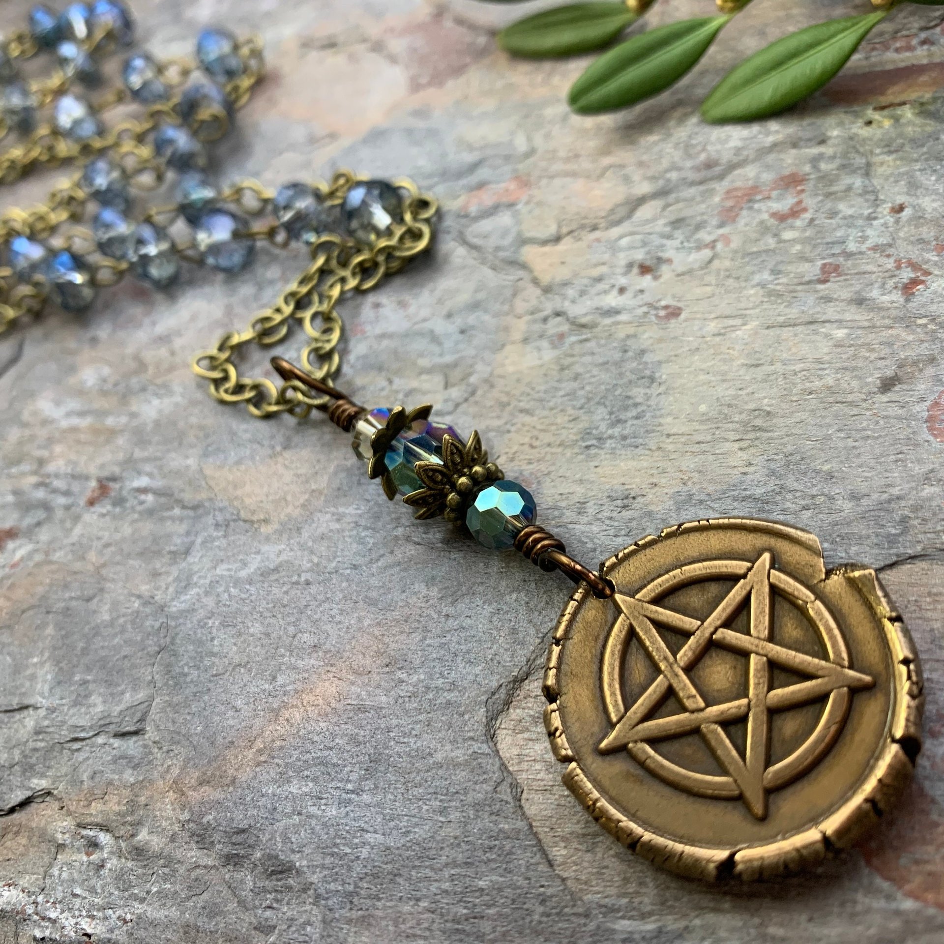 Pentagram Charm Necklace, Blue Crystal Beads, 5 Elements, Long Pentacle Necklace, Pagan Wicca, Earth Air Fire Water Spirit, Handmade Art