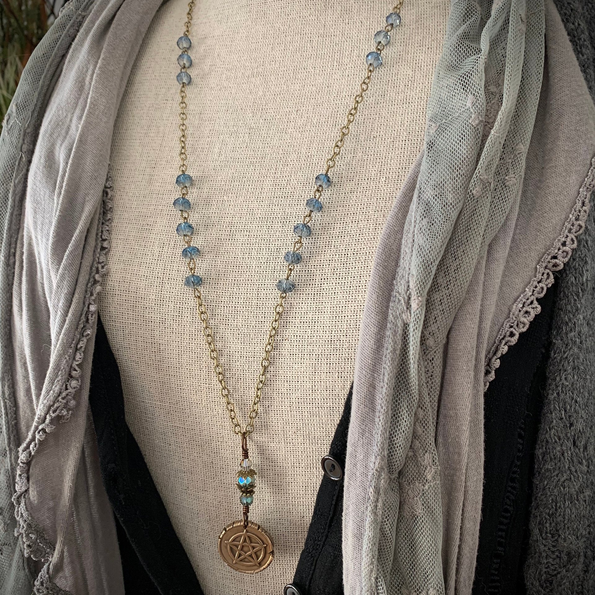 Pentagram Charm Necklace, Blue Crystal Beads, 5 Elements, Long Pentacle Necklace, Pagan Wicca, Earth Air Fire Water Spirit, Handmade Art