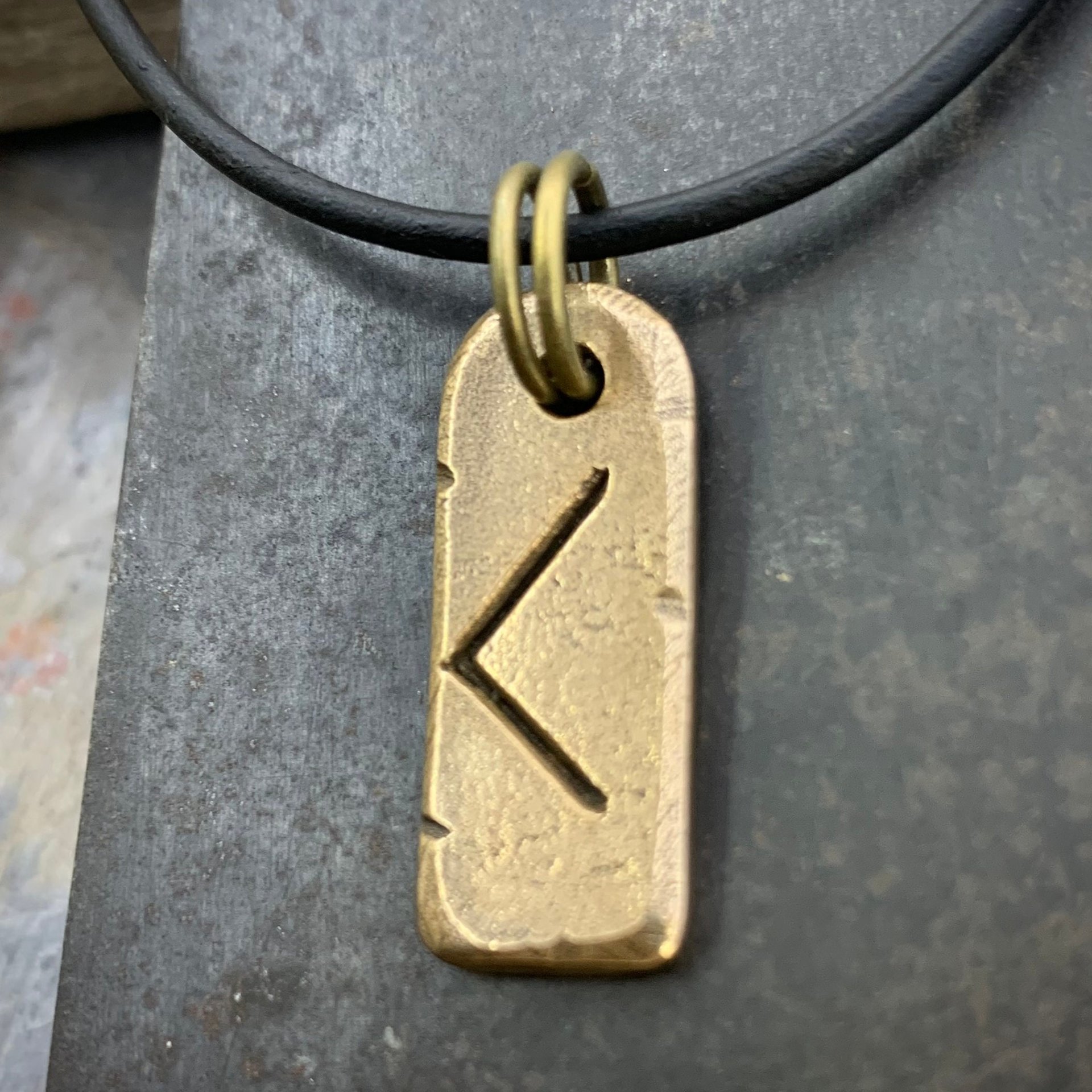 Kenaz Rune Charm, Kennaz Bronze Pendant, Men's Viking Jewelry, Norse Gifts, Elder Futhark, Handmade Art, Hand Carved, Soul Harbor Jewelry