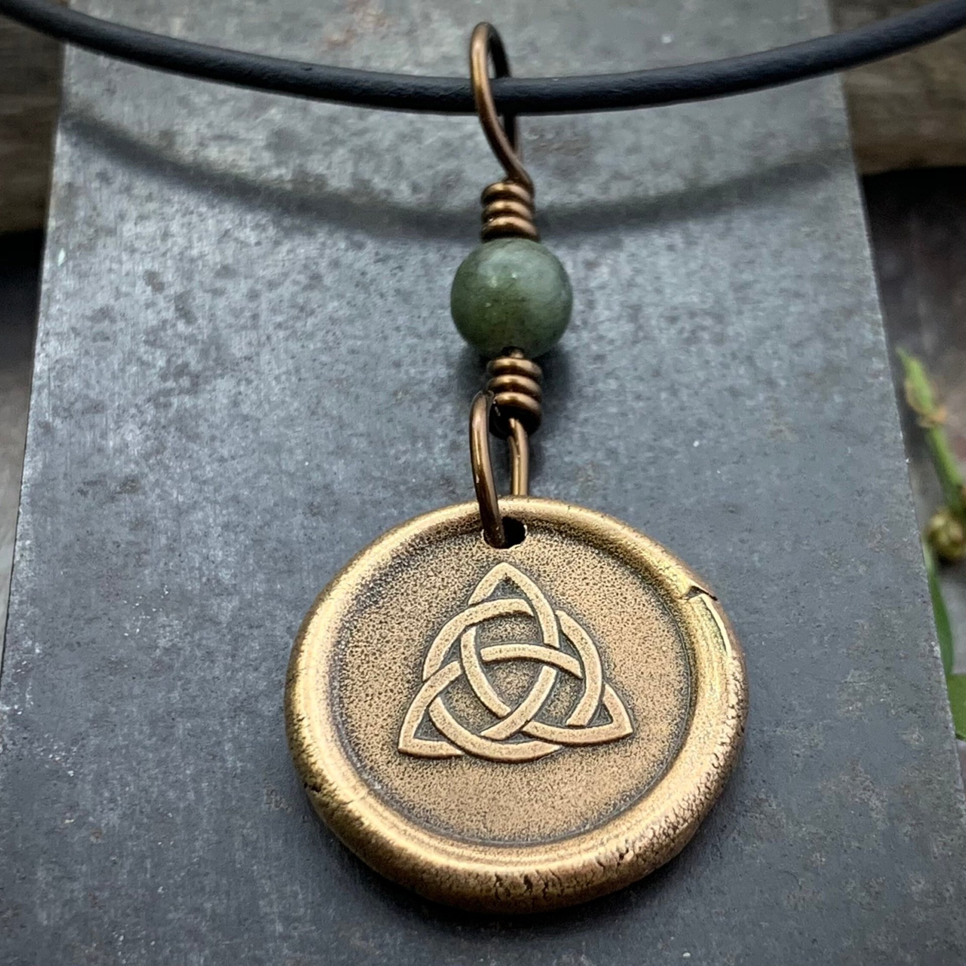 Bronze Trinity Knot, Triquetra, Wax Seal Charm, Connemara Marble, Irish Celtic Jewelry, Pagan, 8th Anniversary, Triple Goddess, Celtic Witch
