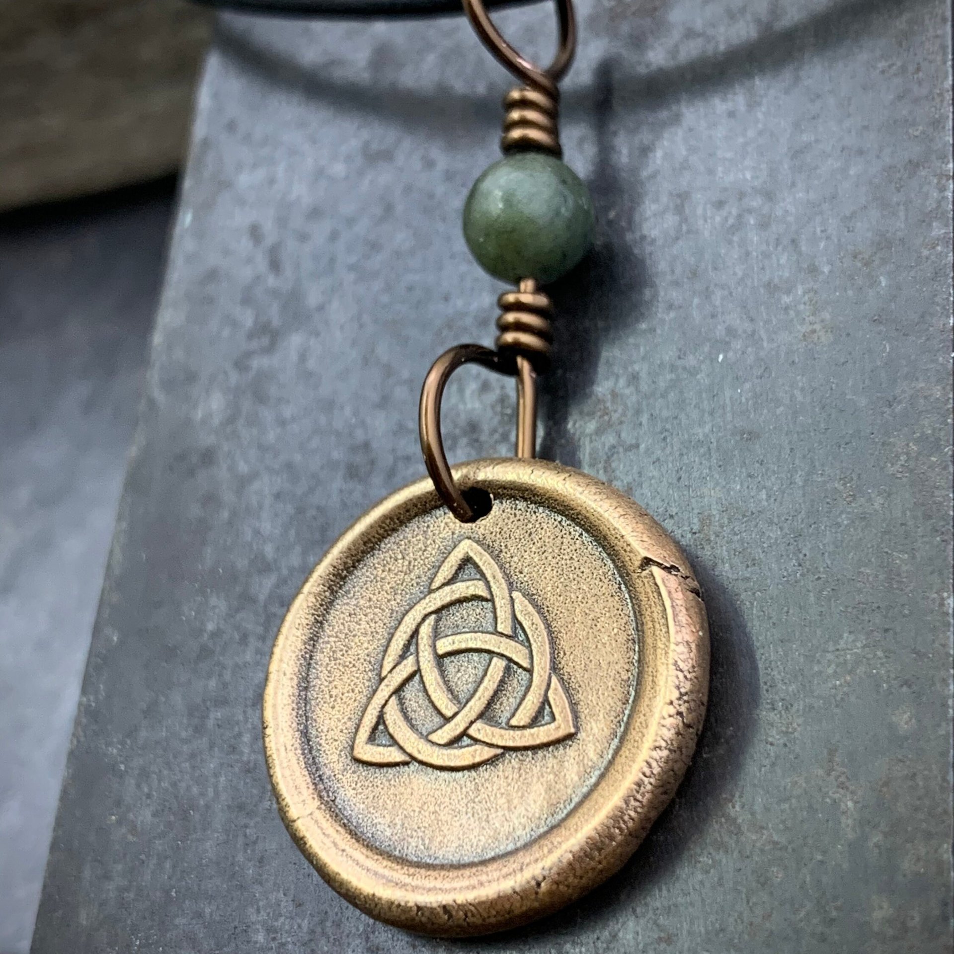 Bronze Trinity Knot, Triquetra, Wax Seal Charm, Connemara Marble, Irish Celtic Jewelry, Pagan, 8th Anniversary, Triple Goddess, Celtic Witch
