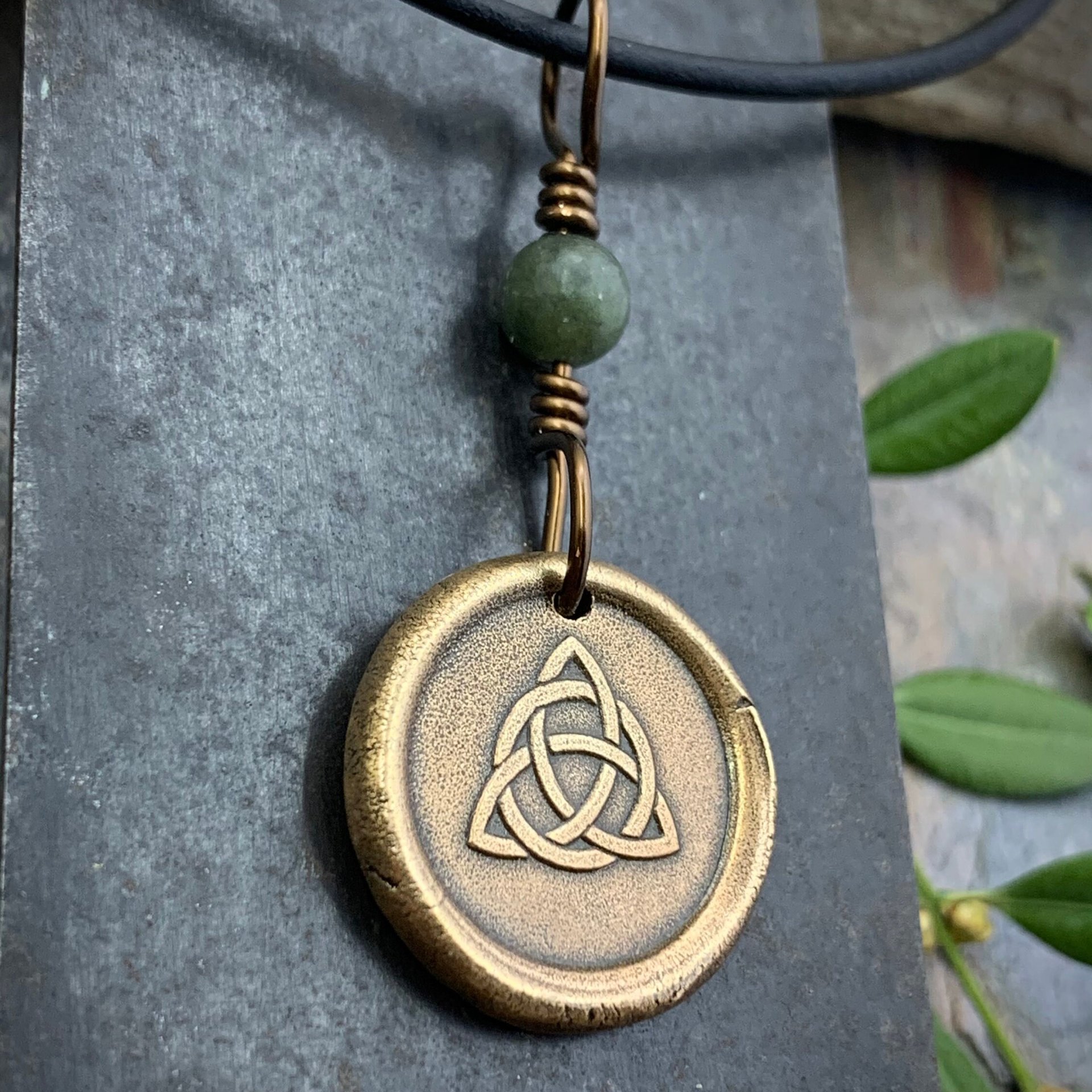 Bronze Trinity Knot, Triquetra, Wax Seal Charm, Connemara Marble, Irish Celtic Jewelry, Pagan, 8th Anniversary, Triple Goddess, Celtic Witch