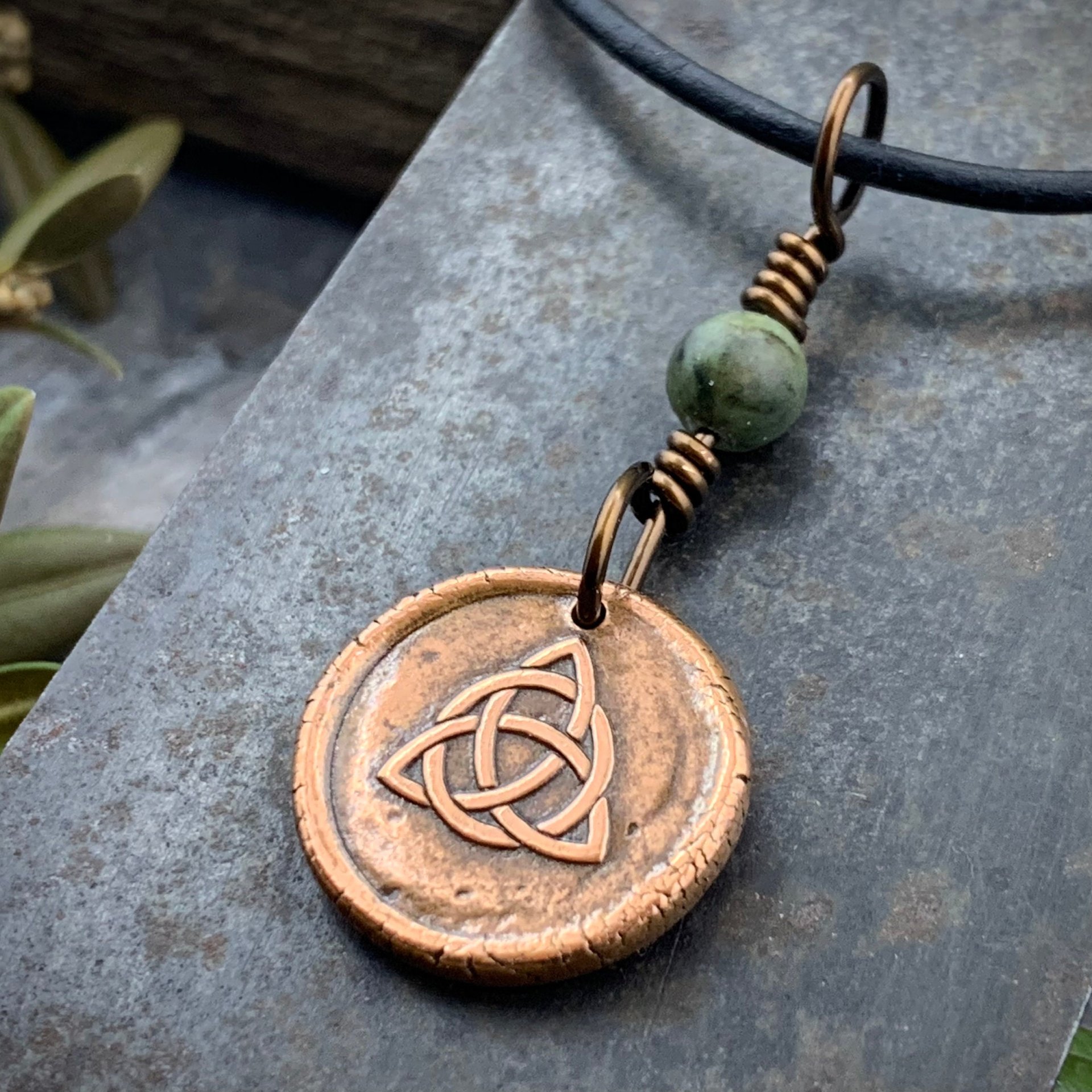 Trinity Knot Charm, Triquetra, Copper Wax Seal Charm, Connemara Marble, Irish Celtic, Leather & Vegan Cords, Handmade, Wired Bead Jewelry