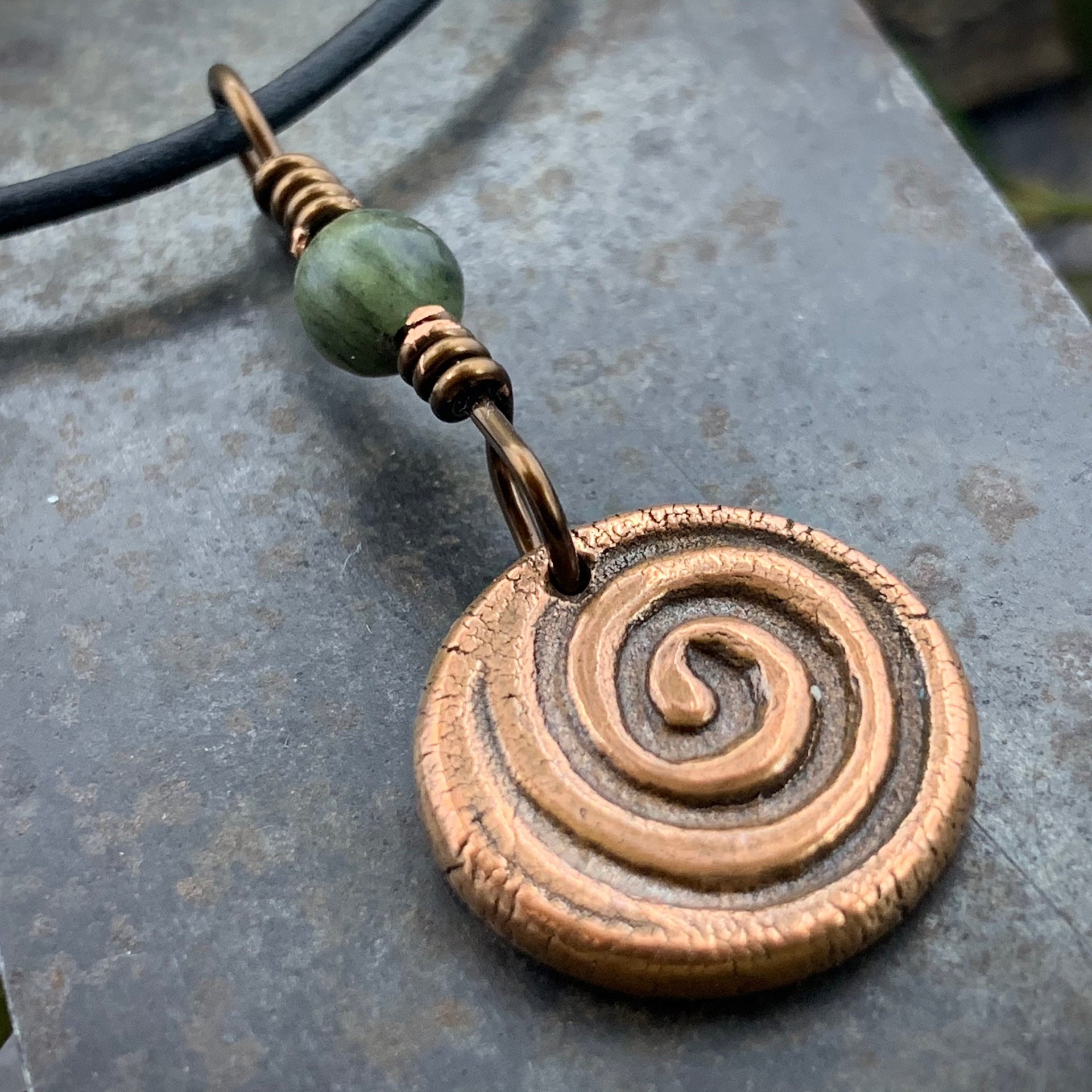 Trinity Knot Charm, Triquetra, Copper Wax Seal Charm, Connemara Marble, Irish Celtic, Leather & Vegan Cords, Handmade, Wired Bead Jewelry