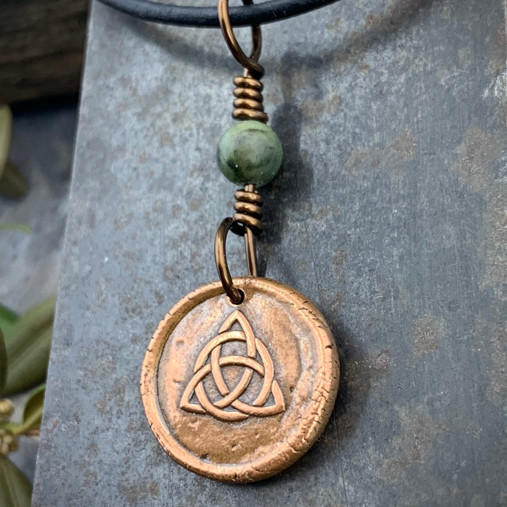 Trinity Knot Charm, Triquetra, Copper Wax Seal Charm, Connemara Marble, Irish Celtic, Leather & Vegan Cords, Handmade, Wired Bead Jewelry