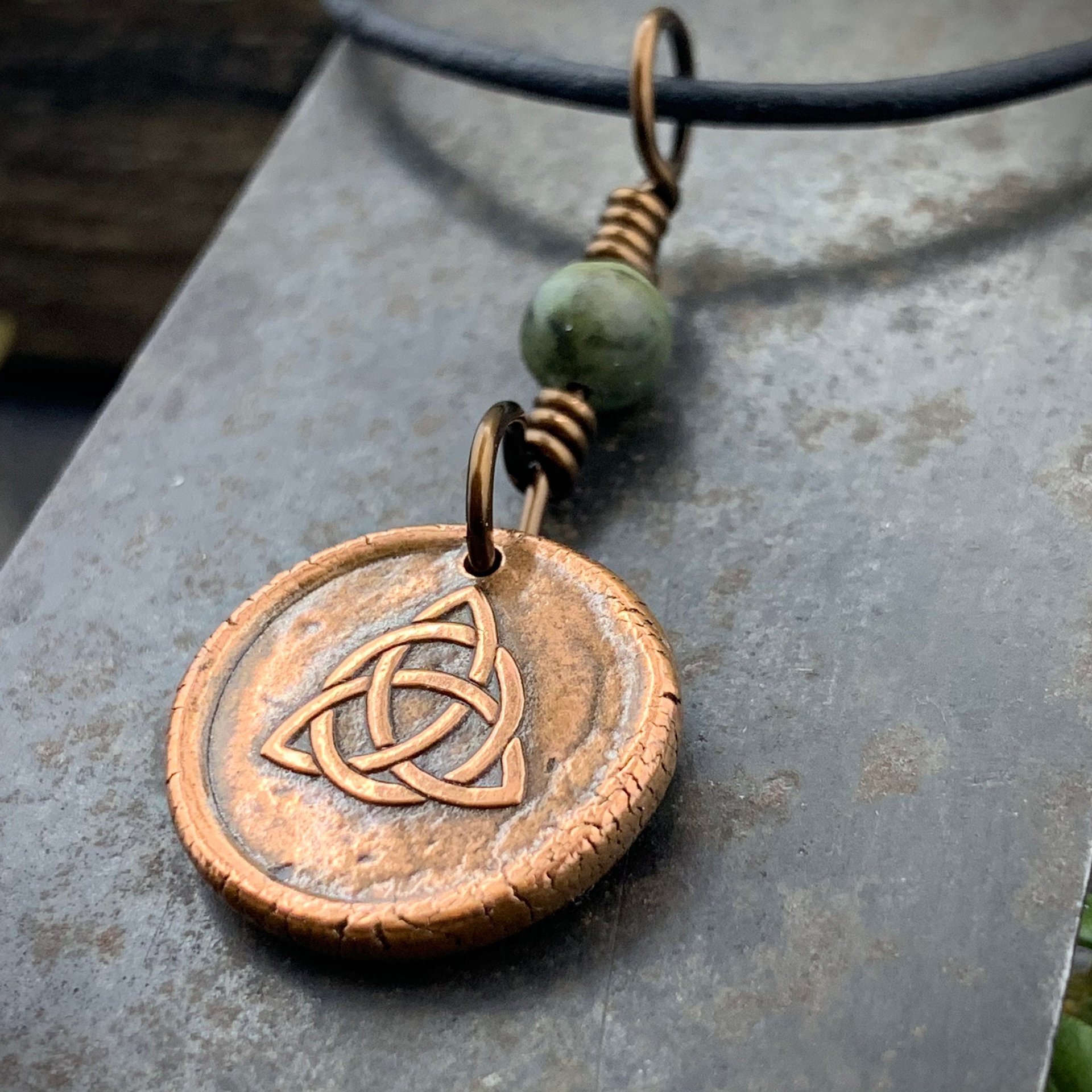 Trinity Knot Charm, Triquetra, Copper Wax Seal Charm, Connemara Marble, Irish Celtic, Leather & Vegan Cords, Handmade, Wired Bead Jewelry