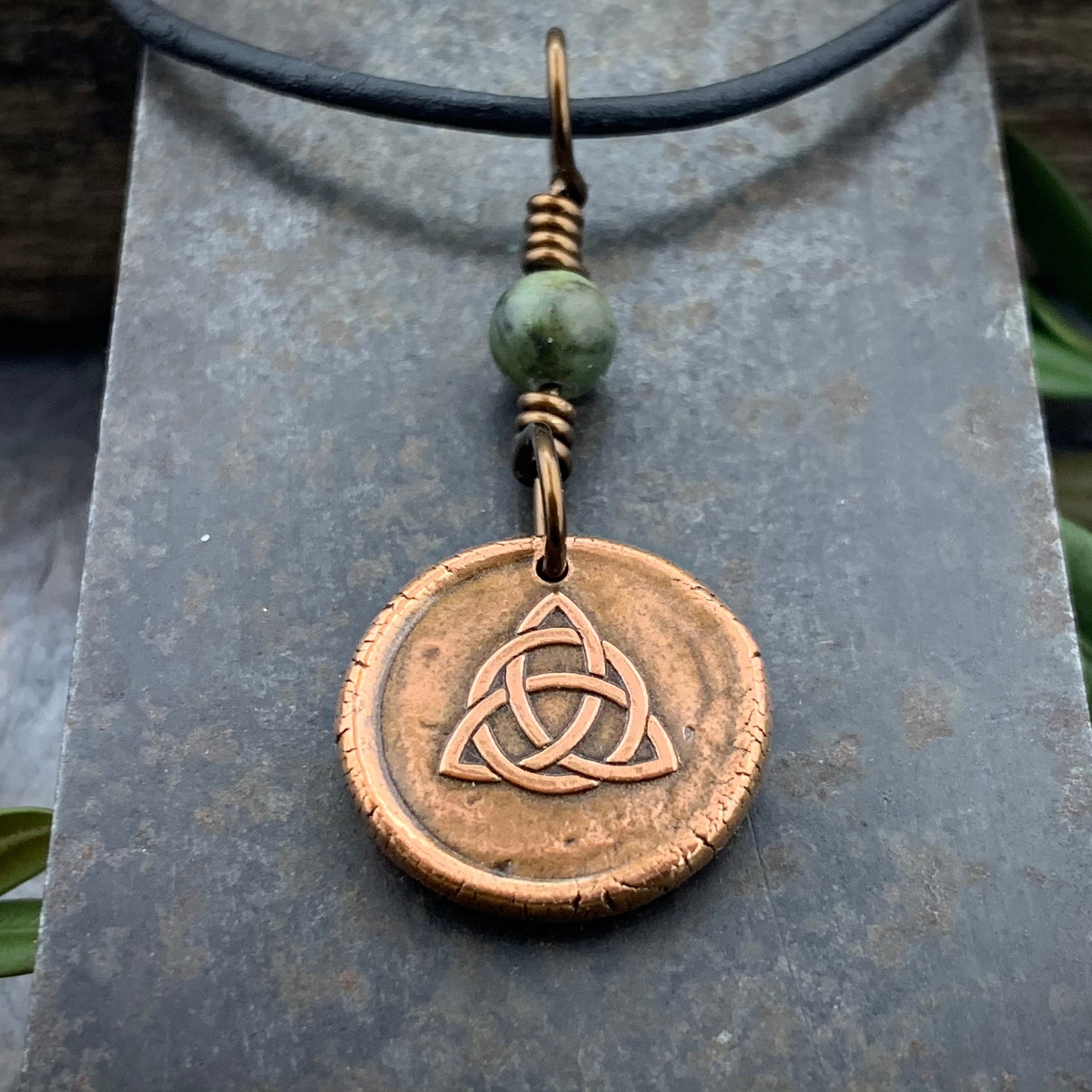 Trinity Knot Charm, Triquetra, Copper Wax Seal Charm, Connemara Marble, Irish Celtic, Leather & Vegan Cords, Handmade, Wired Bead Jewelry