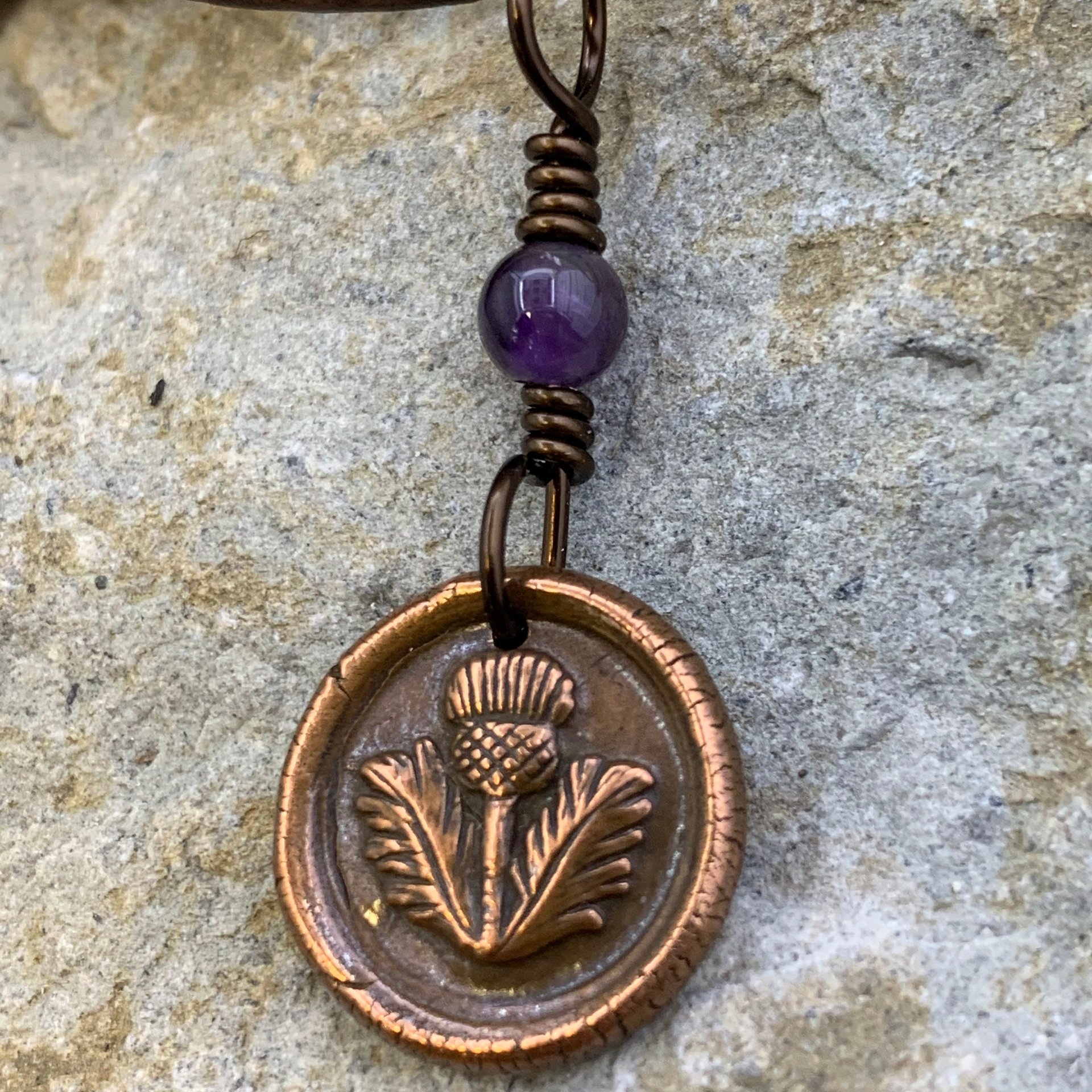 Thistle of Scotland, Copper Wax Seal Charm, Amethyst Bead, Scottish Thistle, Outlander Jewelry, Leather & Vegan Cords, Soul Harbor Jewelry