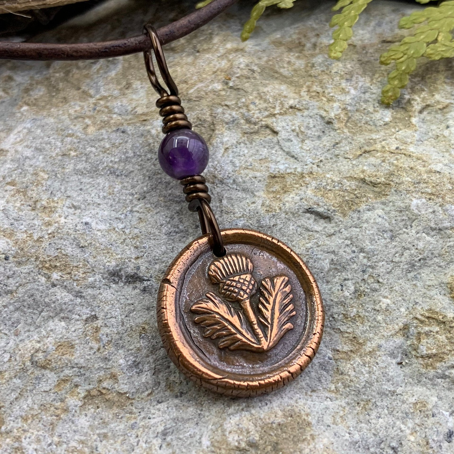 Thistle of Scotland, Copper Wax Seal Charm, Amethyst Bead, Scottish Thistle, Outlander Jewelry, Leather & Vegan Cords, Soul Harbor Jewelry