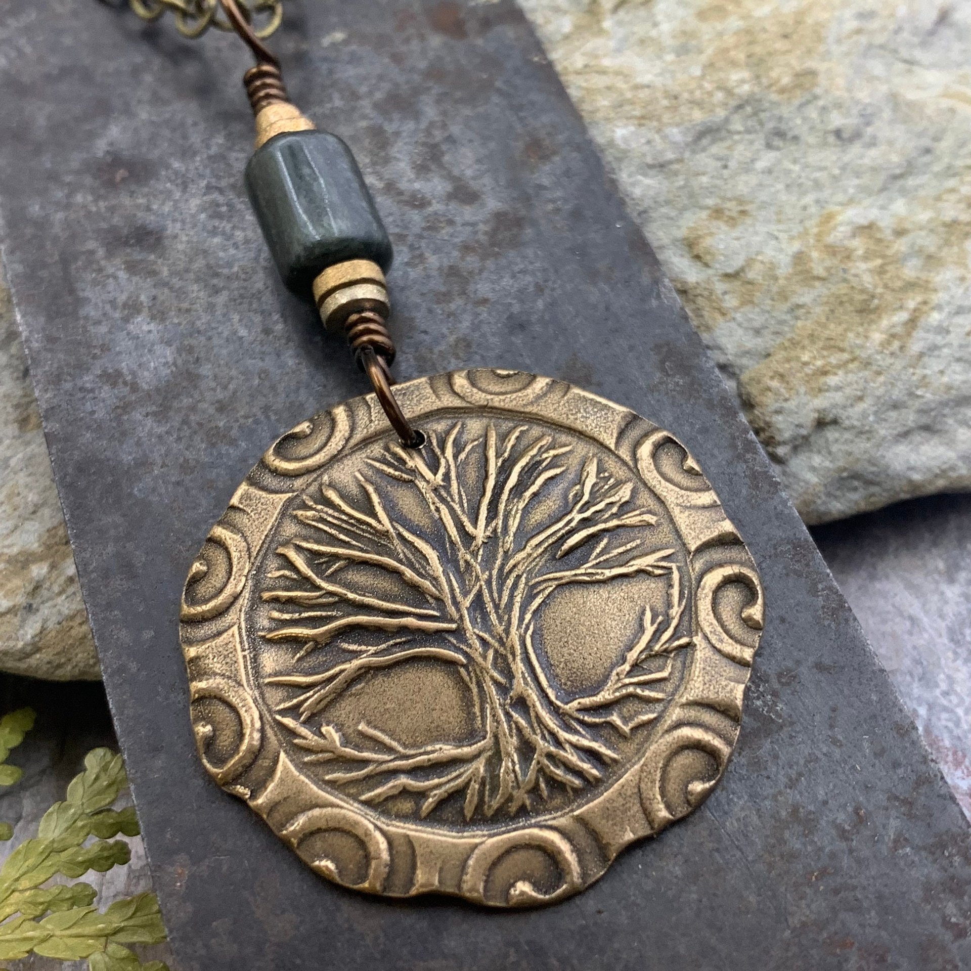 Celtic Tree of Life, Bronze Pendant, Connemara Marble, Irish Celtic Spirals, Round Tree of Life, Crann Bethadh, Hand Carved, Art Jewelry