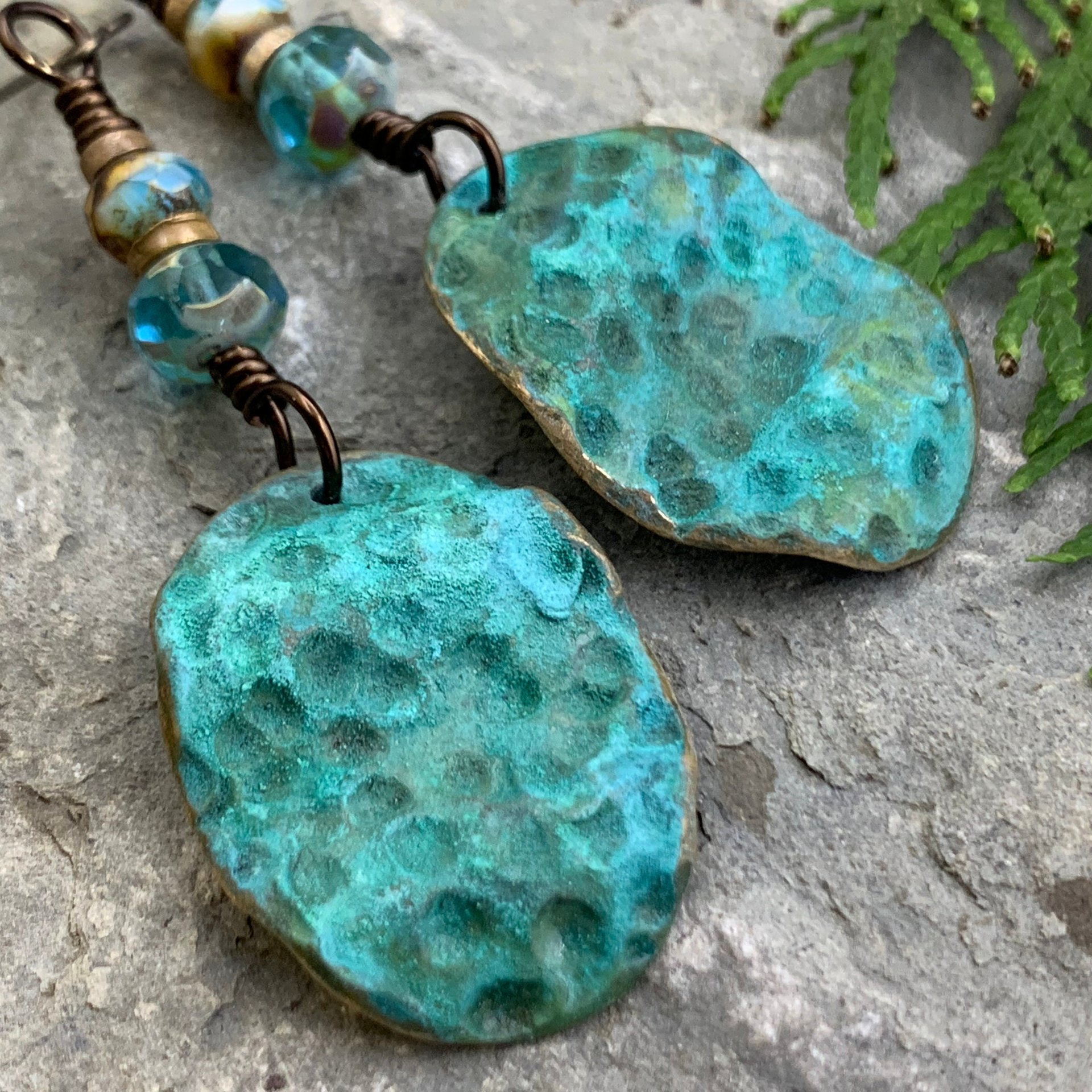 Bronze Wave Earrings, Colorful Verdigris Patina, Czech Glass Beads, Turquoise Blue, Earthy Boho Jewelry, Hypoallergenic, Handmade Art