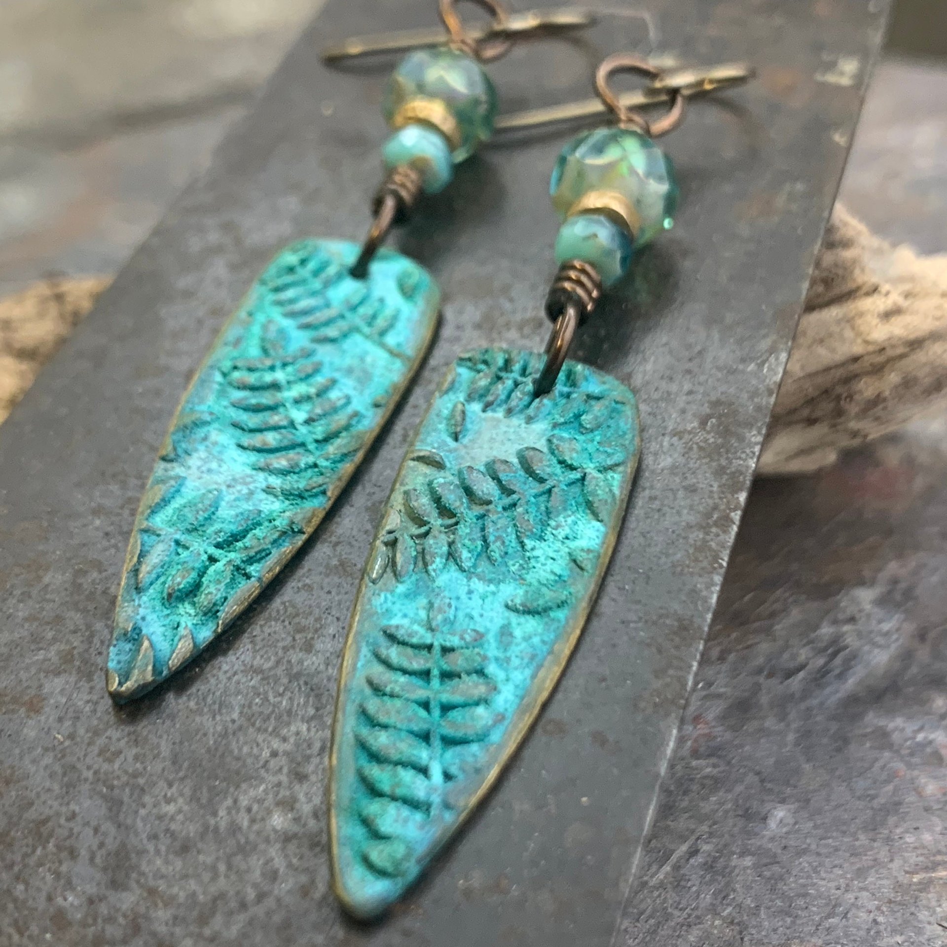 Bronze Fern Earrings, Verdigris Patina, Teardrop Dangle, Czech Glass Beads, Boho Hippie Style, Shield Earrings, Earthy, Soul Harbor Jewelry