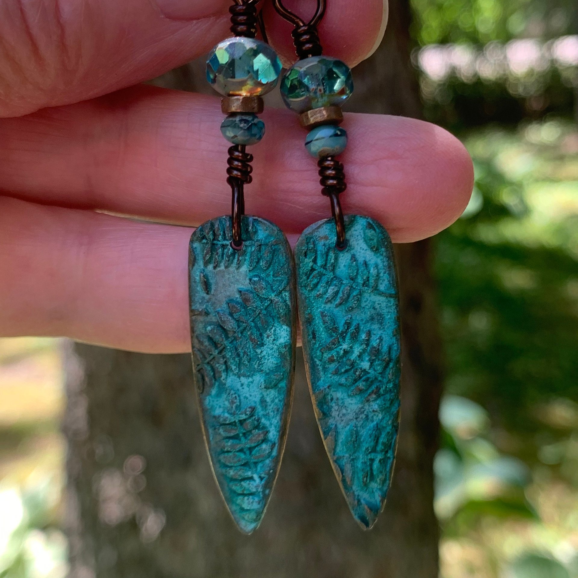 Bronze Fern Earrings, Verdigris Patina, Teardrop Dangle, Czech Glass Beads, Boho Hippie Style, Shield Earrings, Earthy, Soul Harbor Jewelry
