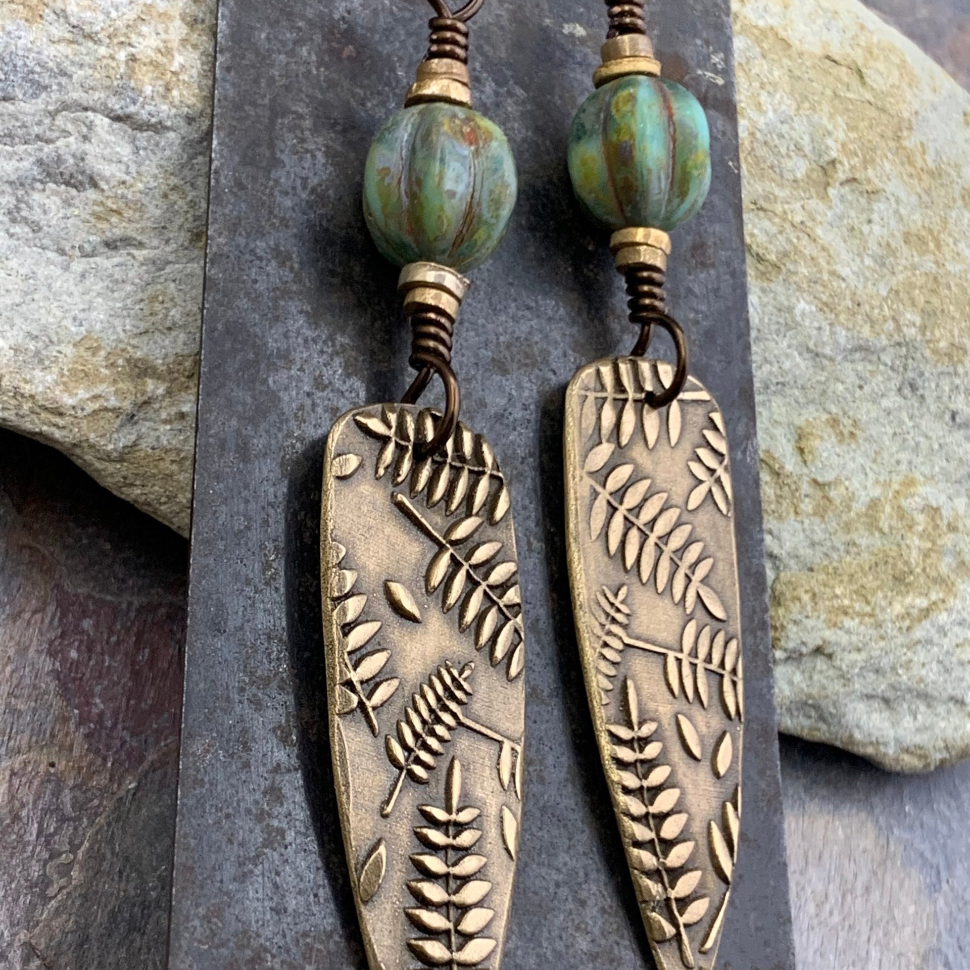 Fern Earrings, Bronze Shield Earrings, Teardrop Dangle, Botanical, Earthy Jewelry, Green Witch, Czech Glass Beads, Statement Earrings