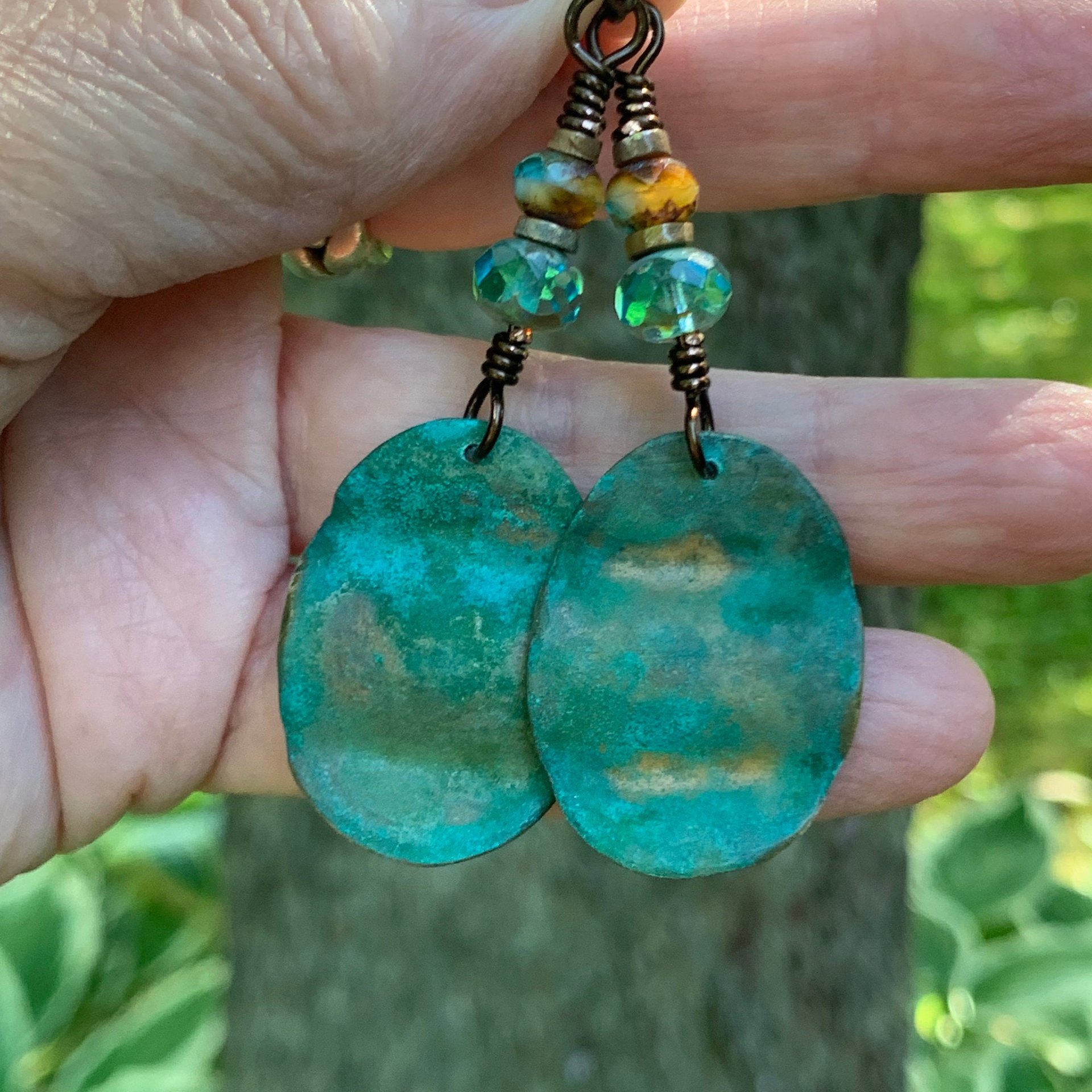 Bronze Wave Earrings, Colorful Verdigris Patina, Czech Glass Beads, Turquoise Blue, Earthy Boho Jewelry, Hypoallergenic, Handmade Art