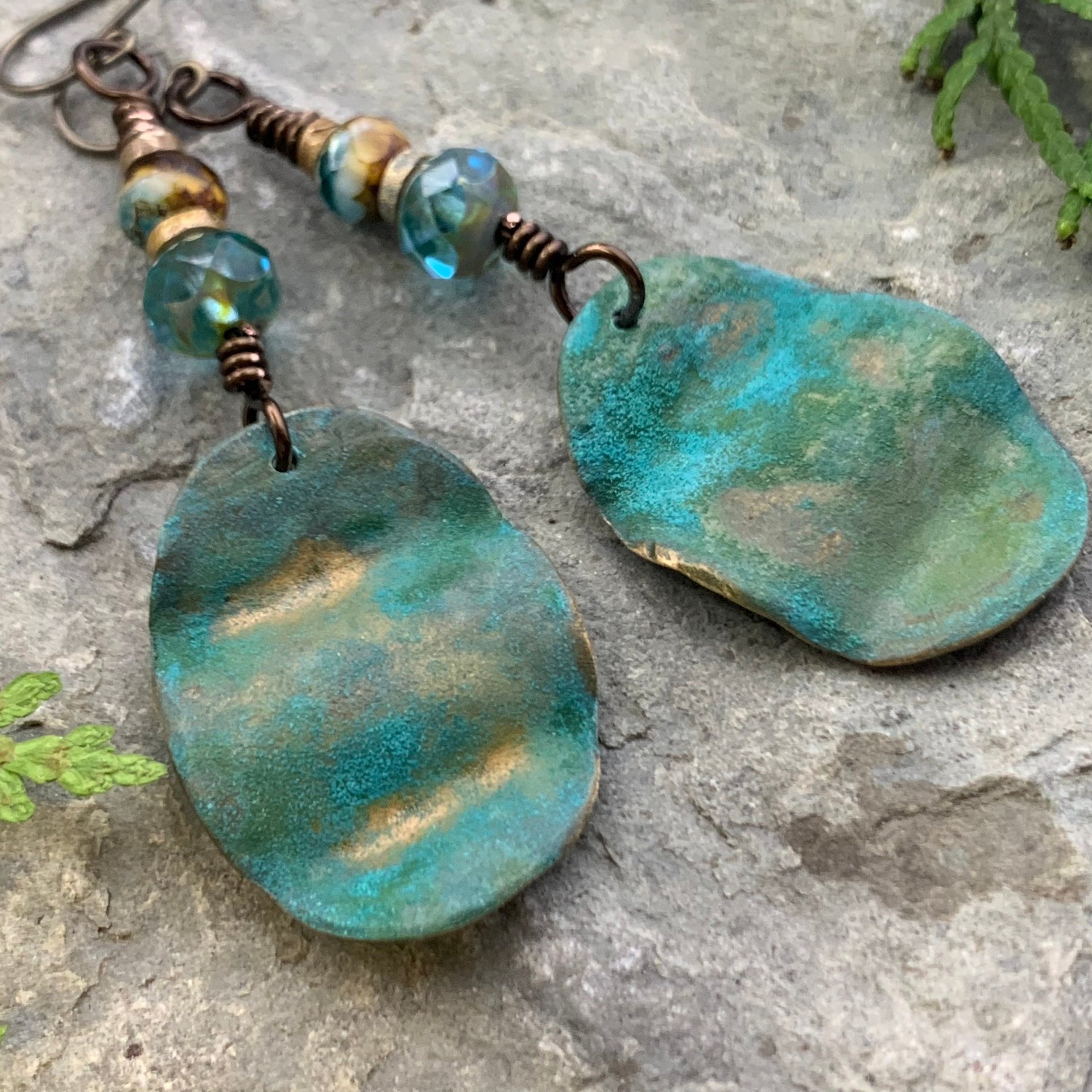Bronze Wave Earrings, Colorful Verdigris Patina, Czech Glass Beads, Turquoise Blue, Earthy Boho Jewelry, Hypoallergenic, Handmade Art