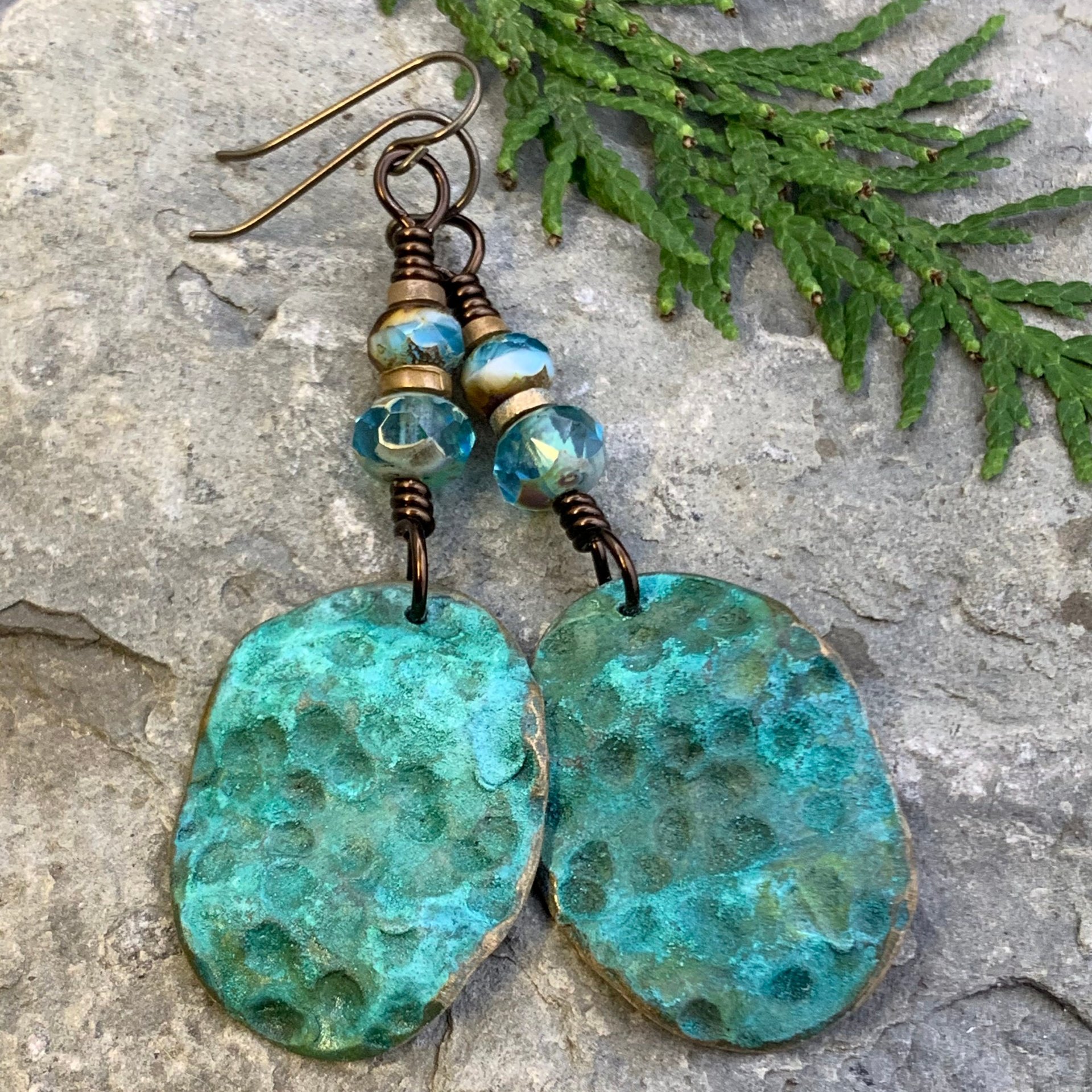 Bronze Wave Earrings, Colorful Verdigris Patina, Czech Glass Beads, Turquoise Blue, Earthy Boho Jewelry, Hypoallergenic, Handmade Art