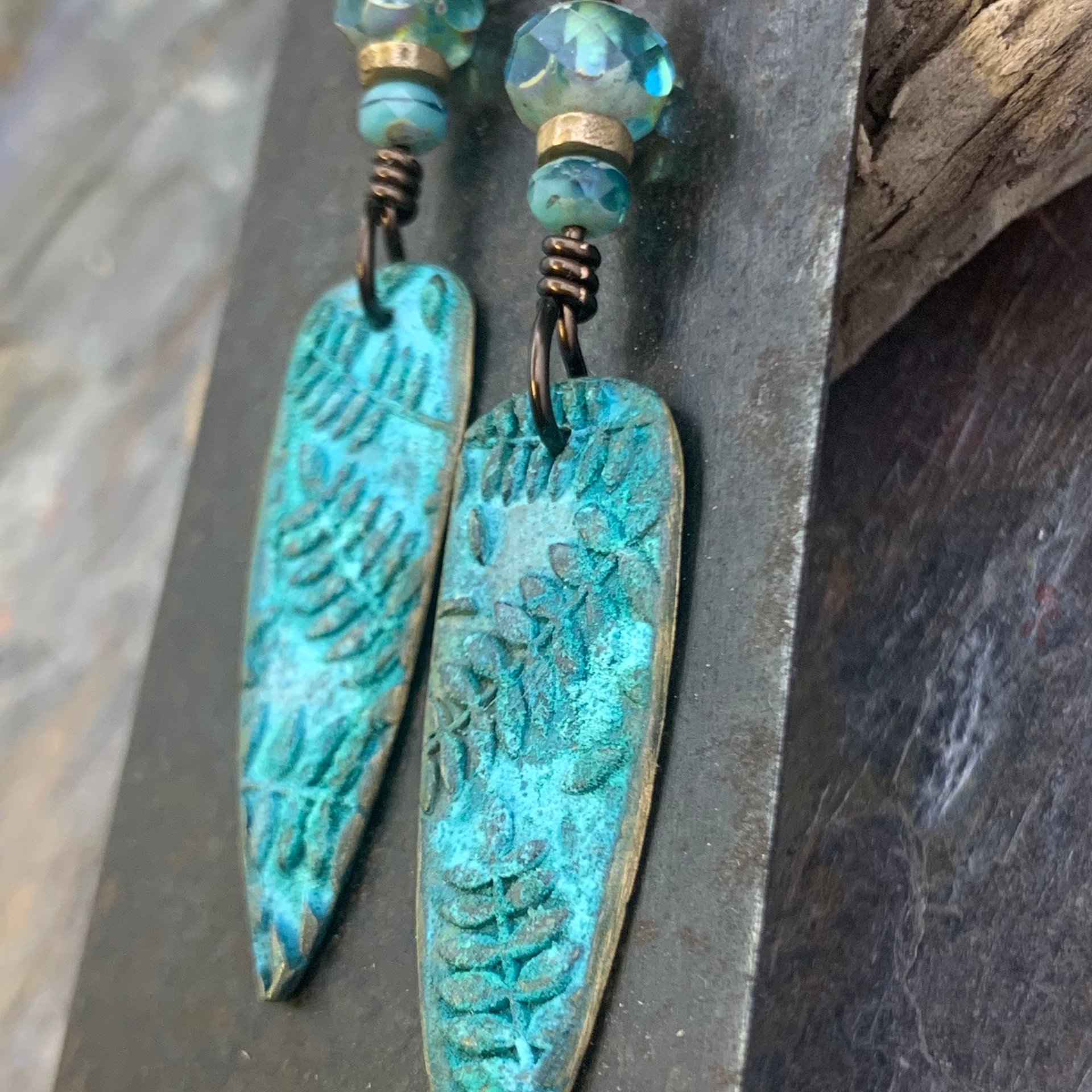 Bronze Fern Earrings, Verdigris Patina, Teardrop Dangle, Czech Glass Beads, Boho Hippie Style, Shield Earrings, Earthy, Soul Harbor Jewelry