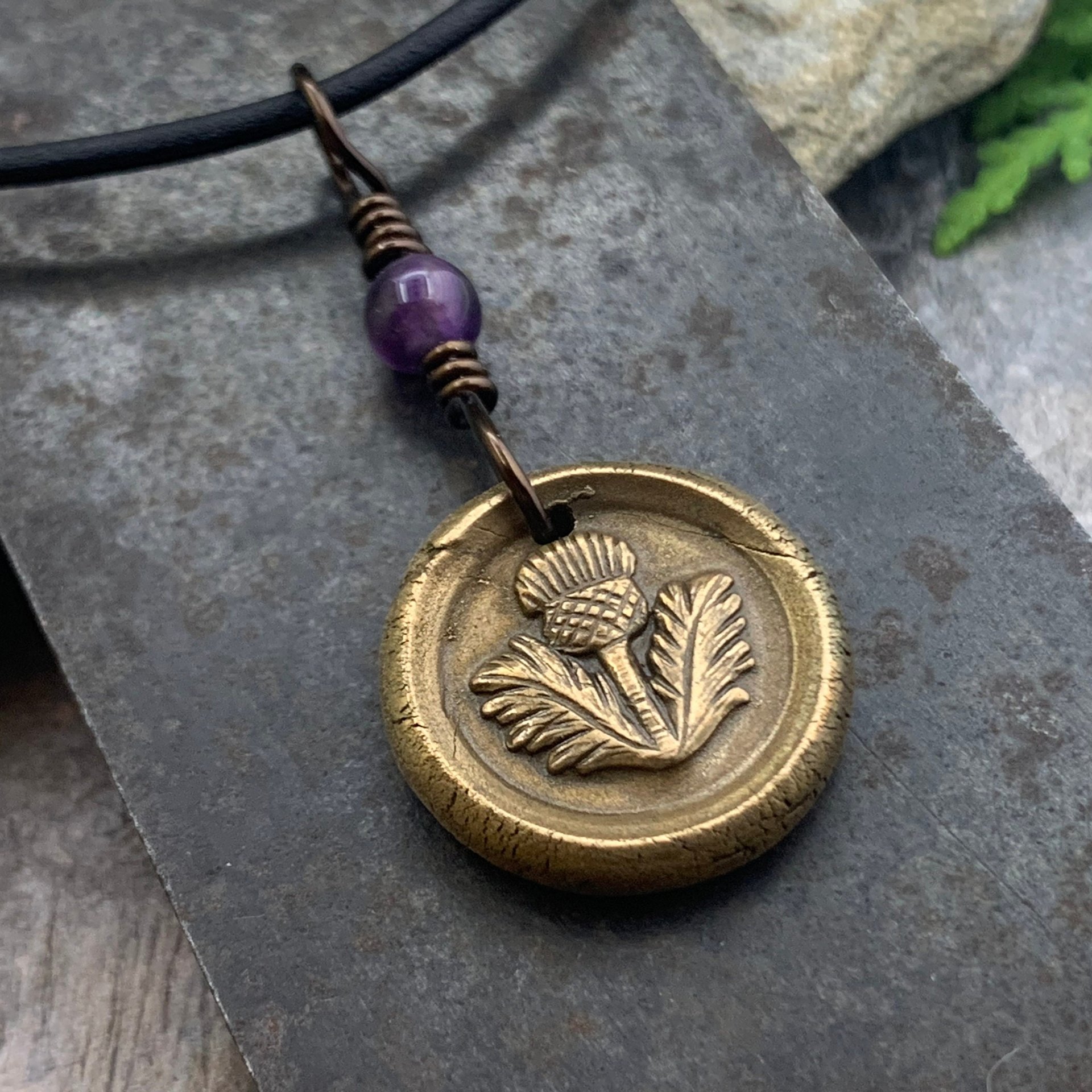 Thistle of Scotland Charm, Bronze Scottish Thistle, Amethyst Bead, Leather & Vegan Cords, Outlander Highlander, Handmade Art Jewelry,