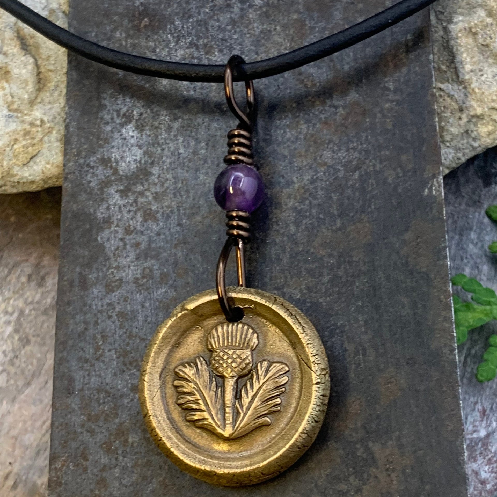 Thistle of Scotland Charm, Bronze Scottish Thistle, Amethyst Bead, Leather & Vegan Cords, Outlander Highlander, Handmade Art Jewelry,