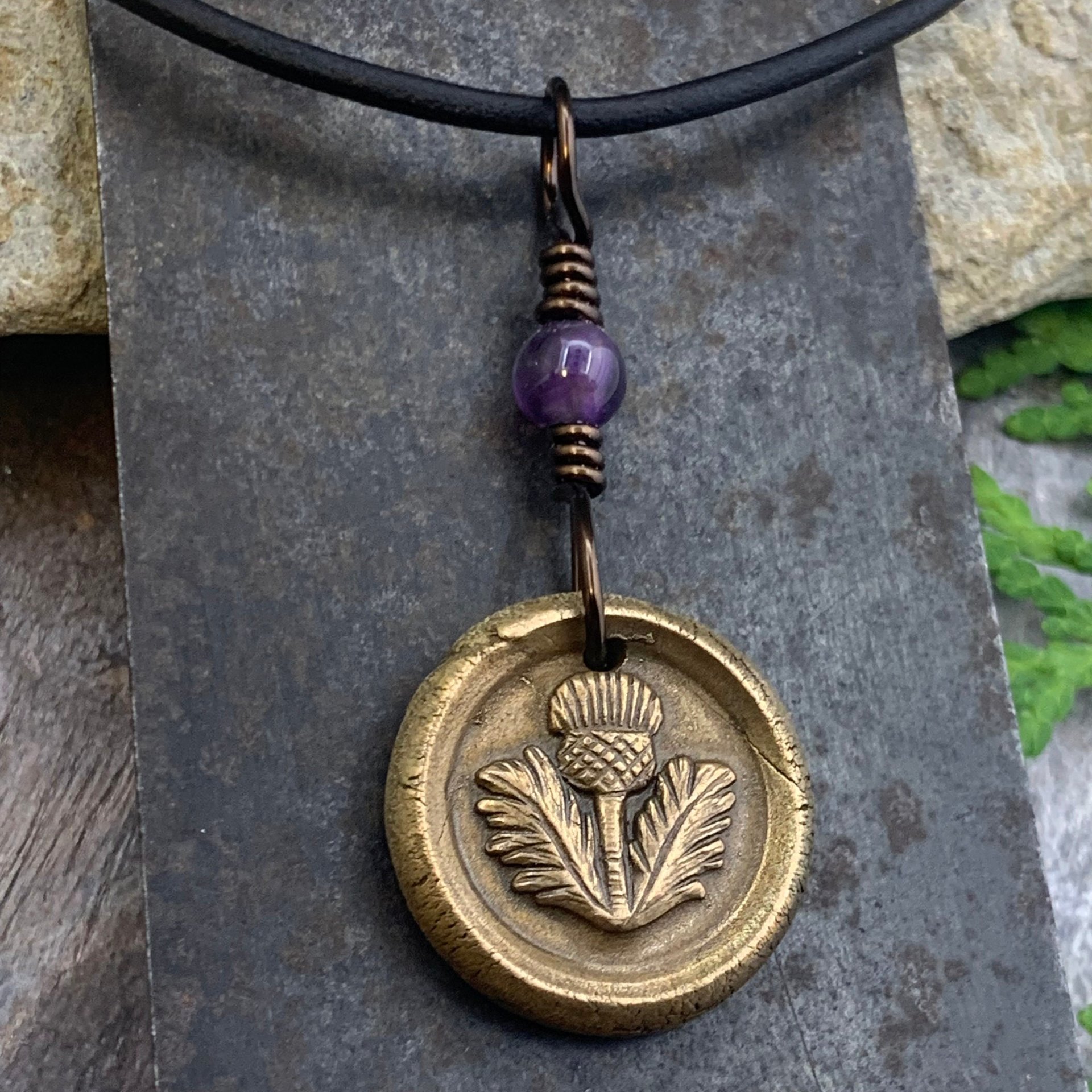 Thistle of Scotland Charm, Bronze Scottish Thistle, Amethyst Bead, Leather & Vegan Cords, Outlander Highlander, Handmade Art Jewelry,