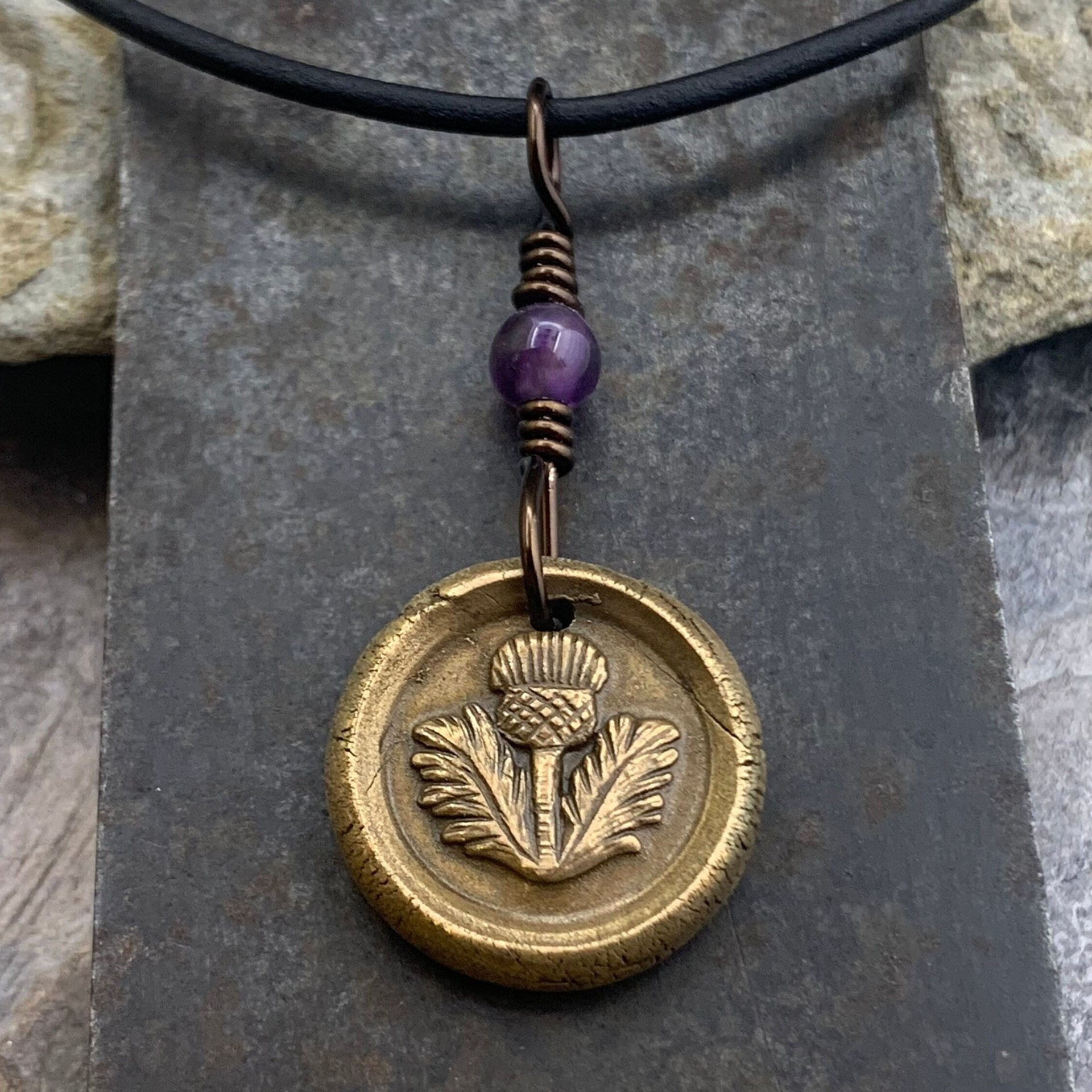 Thistle of Scotland Charm, Bronze Scottish Thistle, Amethyst Bead, Leather & Vegan Cords, Outlander Highlander, Handmade Art Jewelry,