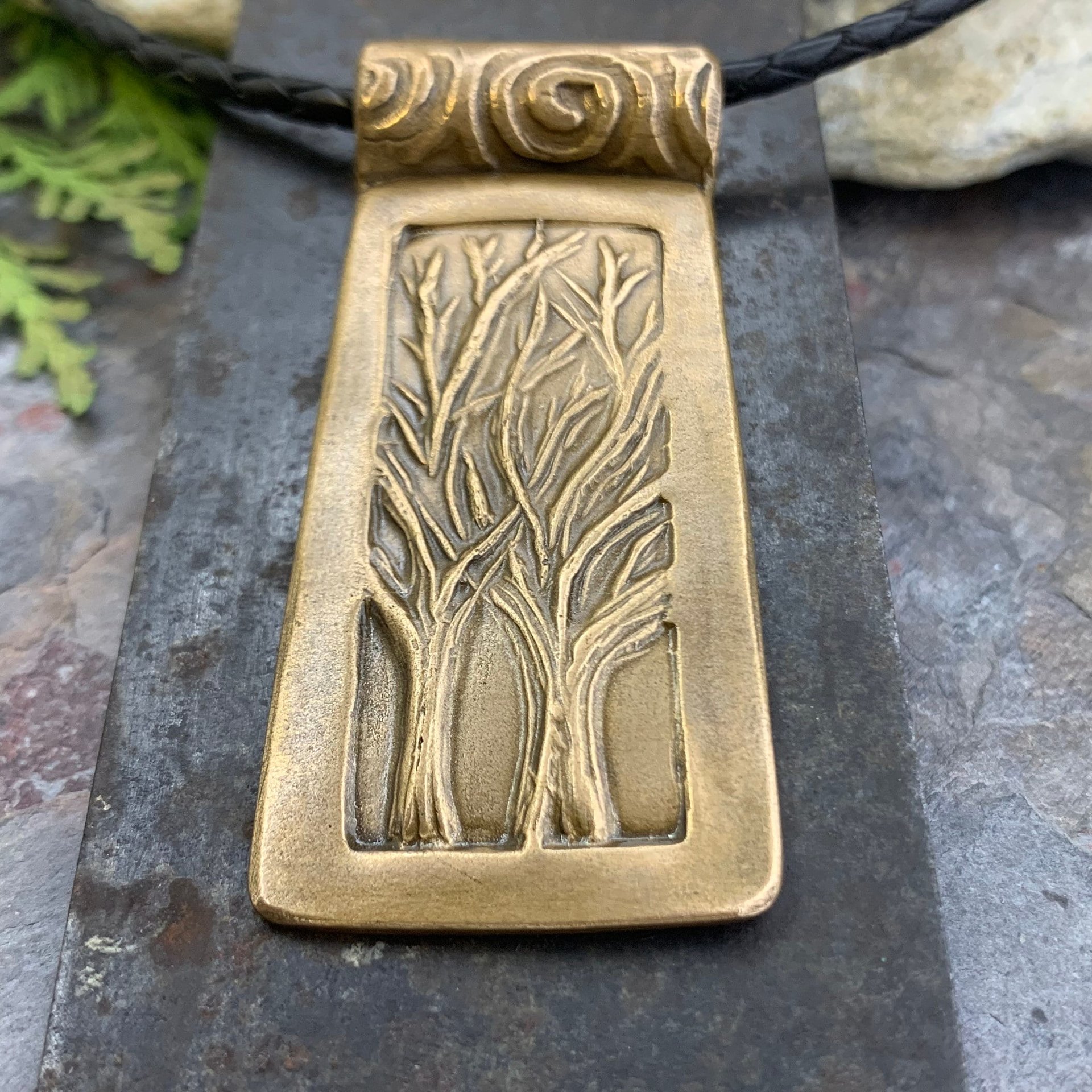 Two Trees Bronze Pendant, Celtic Tree of Life, Hand Carved, Irish Celtic Spirals, Intertwined, Handmade Art Jewelry, 8th Anniversary Gifts