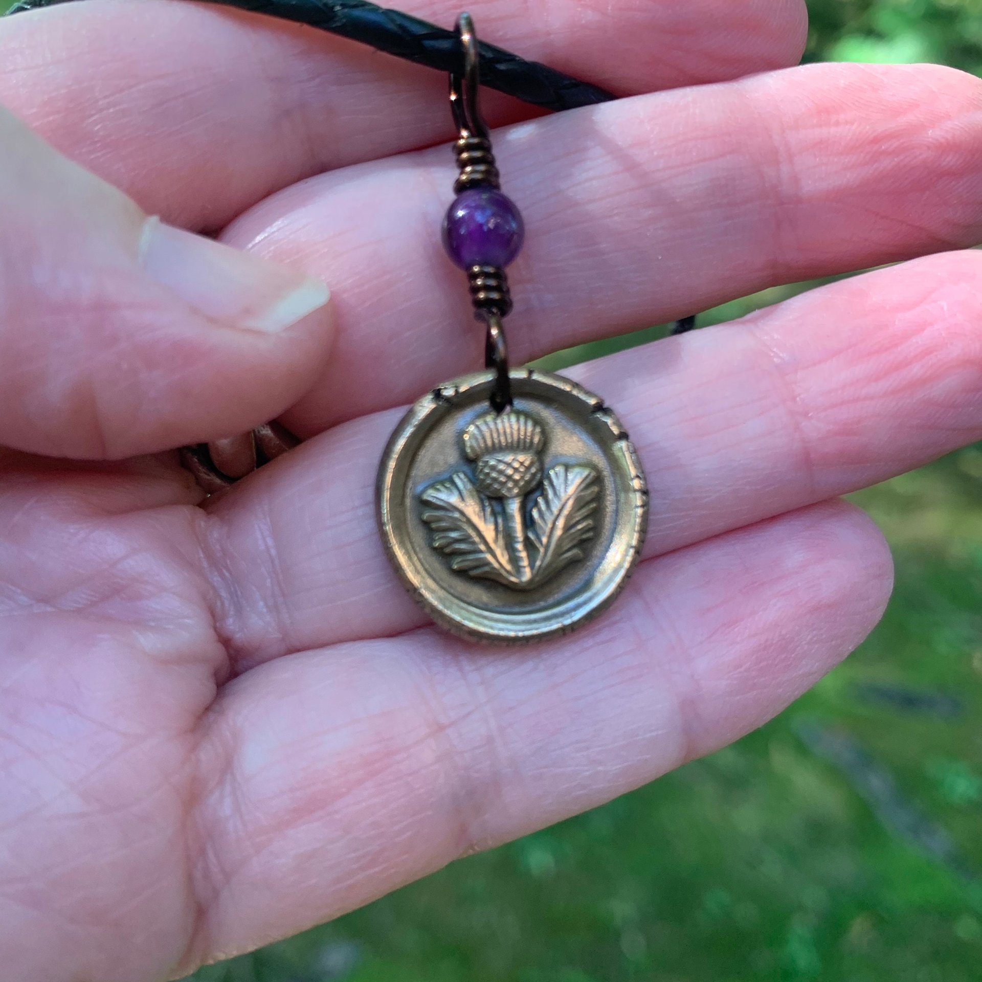Thistle of Scotland Charm, Bronze Scottish Thistle, Amethyst Bead, Leather & Vegan Cords, Outlander Highlander, Handmade Art Jewelry,