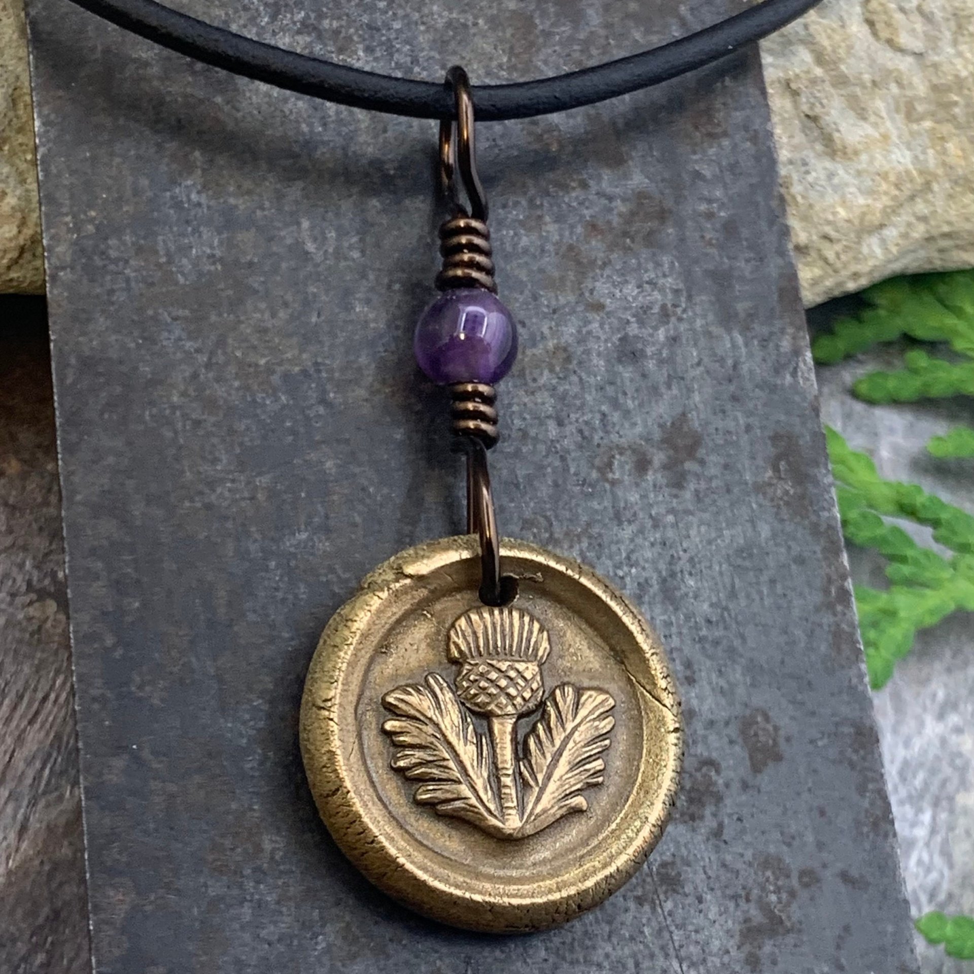 Thistle of Scotland Charm, Bronze Scottish Thistle, Amethyst Bead, Leather & Vegan Cords, Outlander Highlander, Handmade Art Jewelry,
