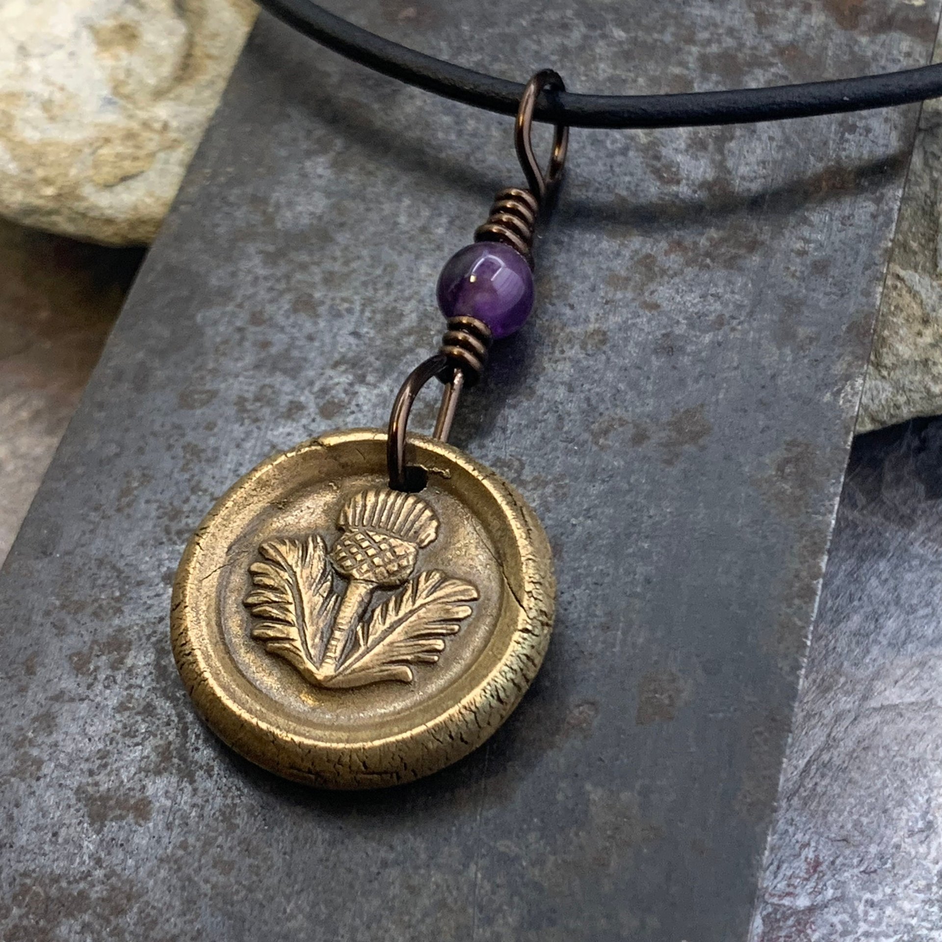 Thistle of Scotland Charm, Bronze Scottish Thistle, Amethyst Bead, Leather & Vegan Cords, Outlander Highlander, Handmade Art Jewelry,