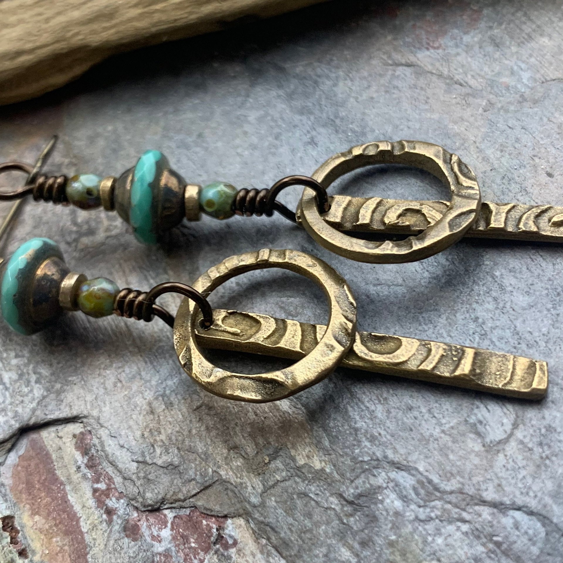 Bronze Hoop Earrings, Skinny Stick Earrings, Czech Glass Beads, Celtic Spirals, Bronze & Turquoise, Boho Earthy Art Jewelry, Handmade