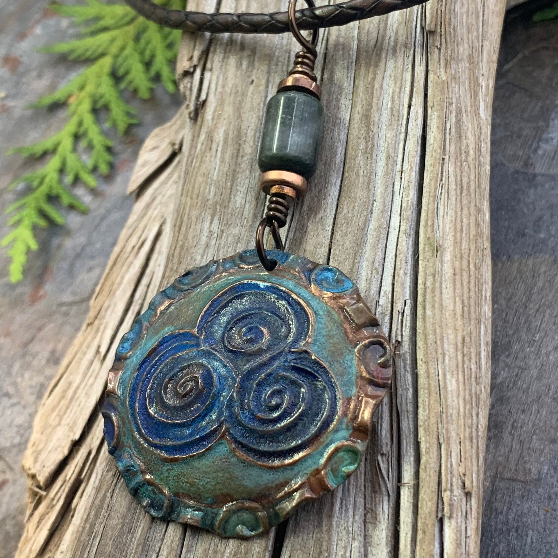Newgrange Spirals, Copper Pendant, Connemara Marble, Triple Spiral, Irish Celtic Jewelry, Verdigris Patina, Blue Green Copper, Pagan Witch