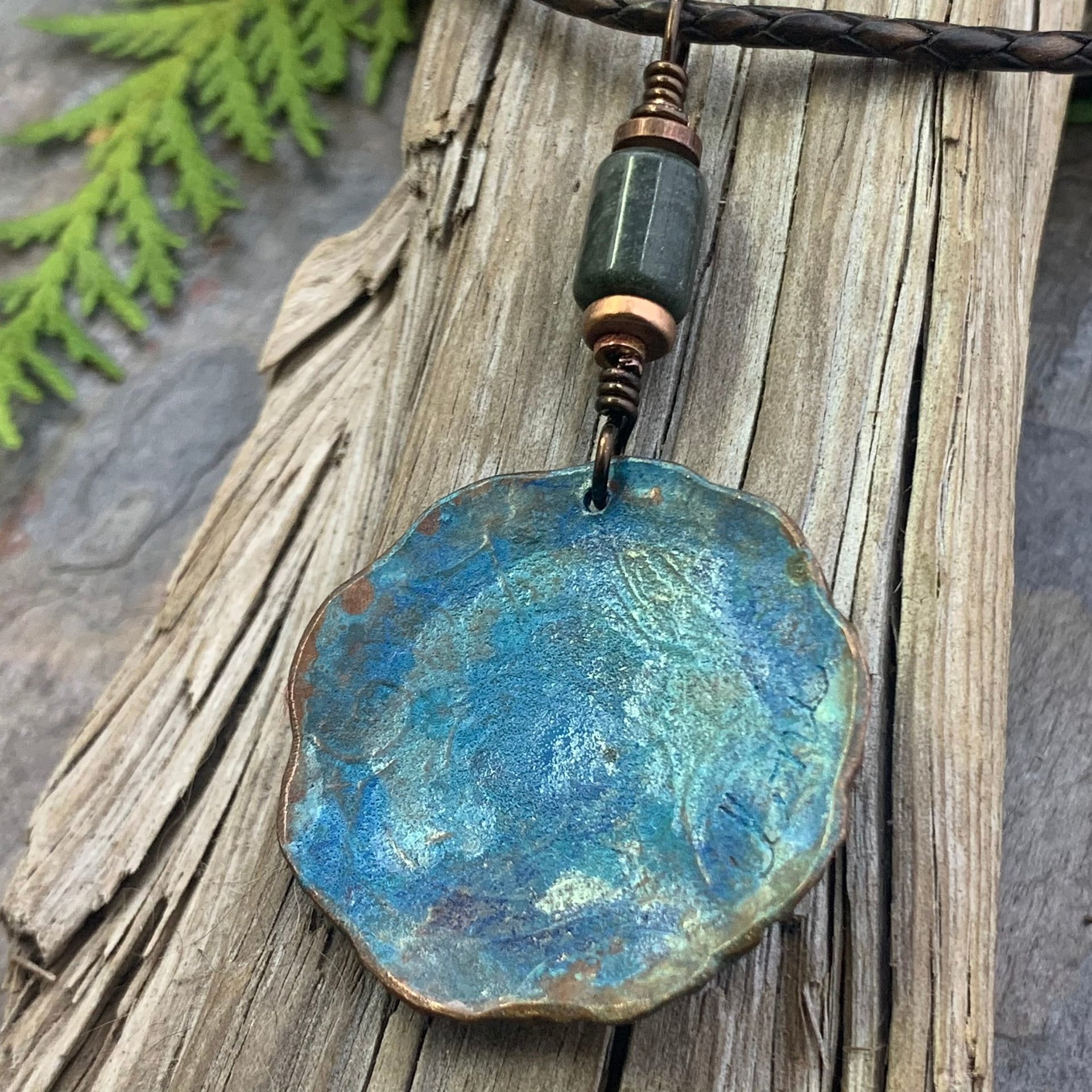 Newgrange Spirals, Copper Pendant, Connemara Marble, Triple Spiral, Irish Celtic Jewelry, Verdigris Patina, Blue Green Copper, Pagan Witch