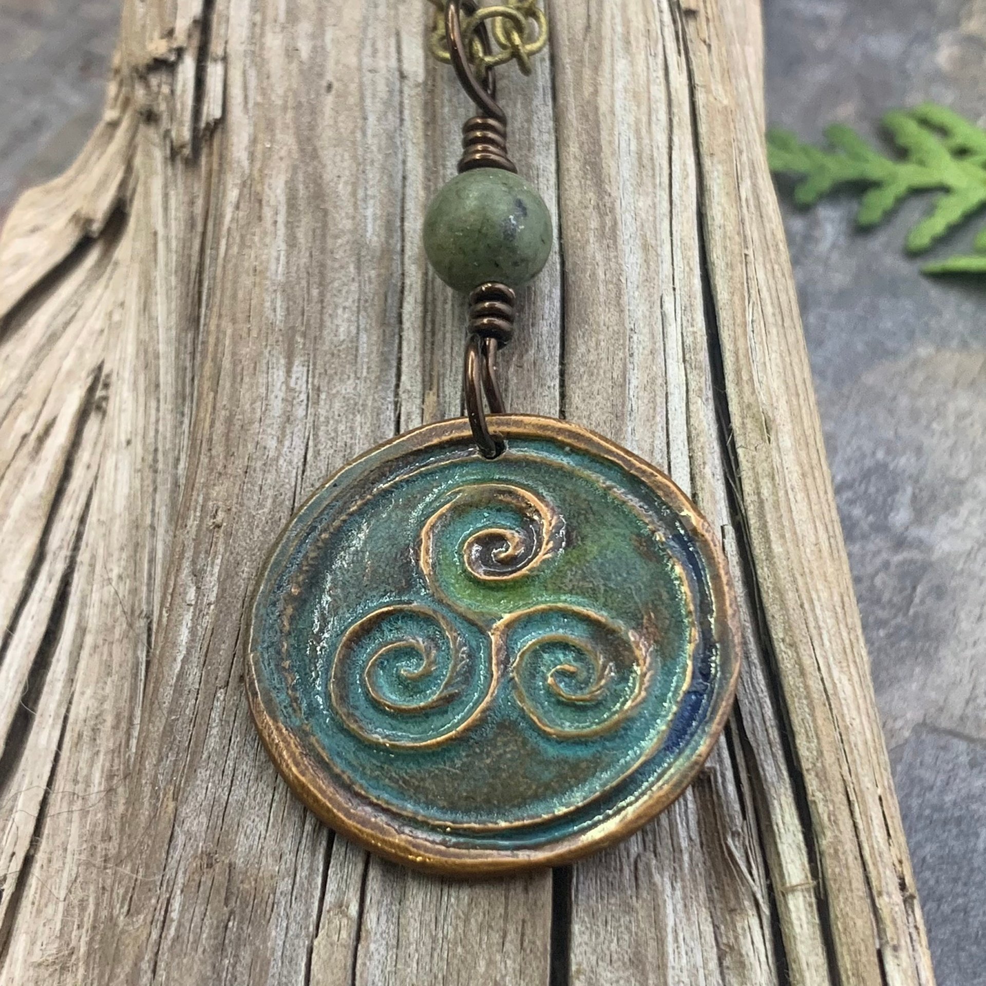 Triskele Pendant, Triskelion, Triple Spiral, Copper Patina, Irish Celtic Jewelry, Connemara Marble, Pagan Wicca, Triple Goddess Charm