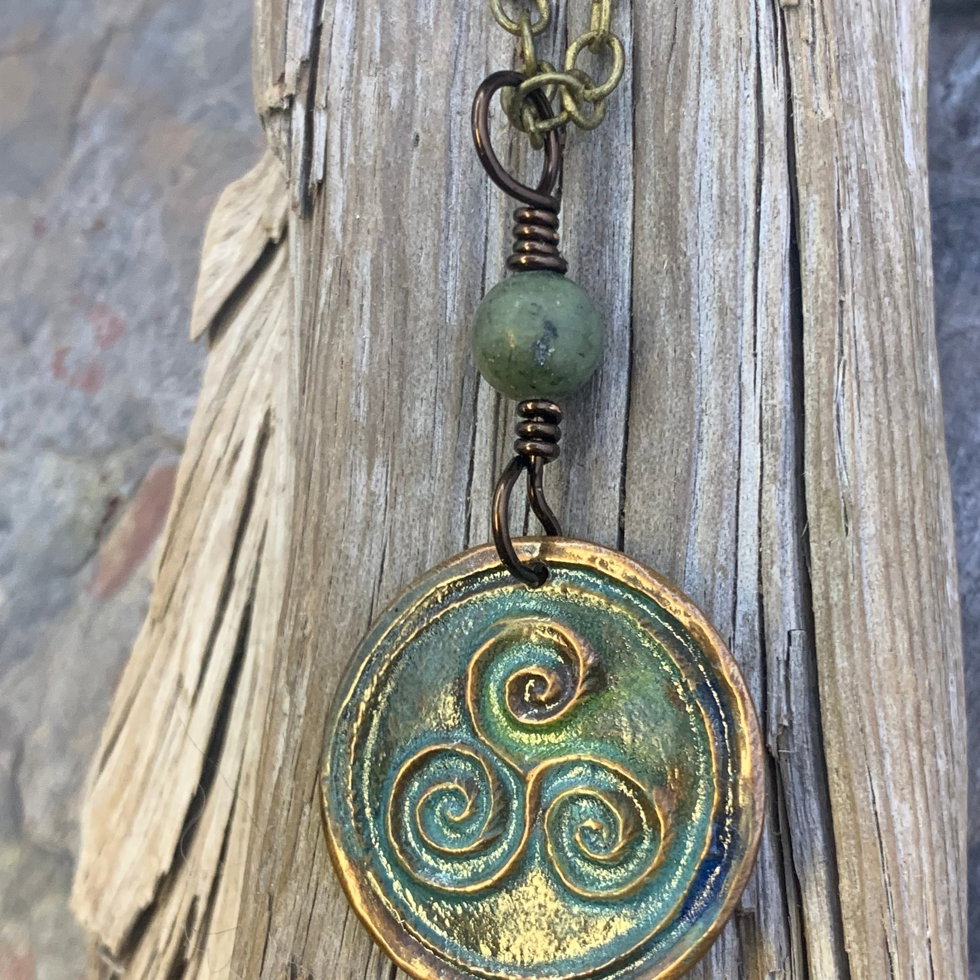 Triskele Pendant, Triskelion, Triple Spiral, Copper Patina, Irish Celtic Jewelry, Connemara Marble, Pagan Wicca, Triple Goddess Charm
