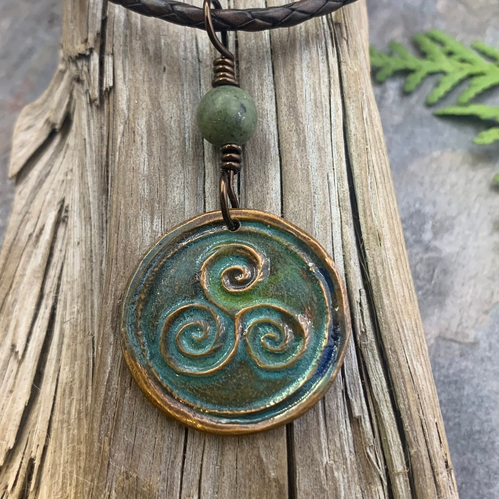 Triskele Pendant, Triskelion, Triple Spiral, Copper Patina, Irish Celtic Jewelry, Connemara Marble, Pagan Wicca, Triple Goddess Charm