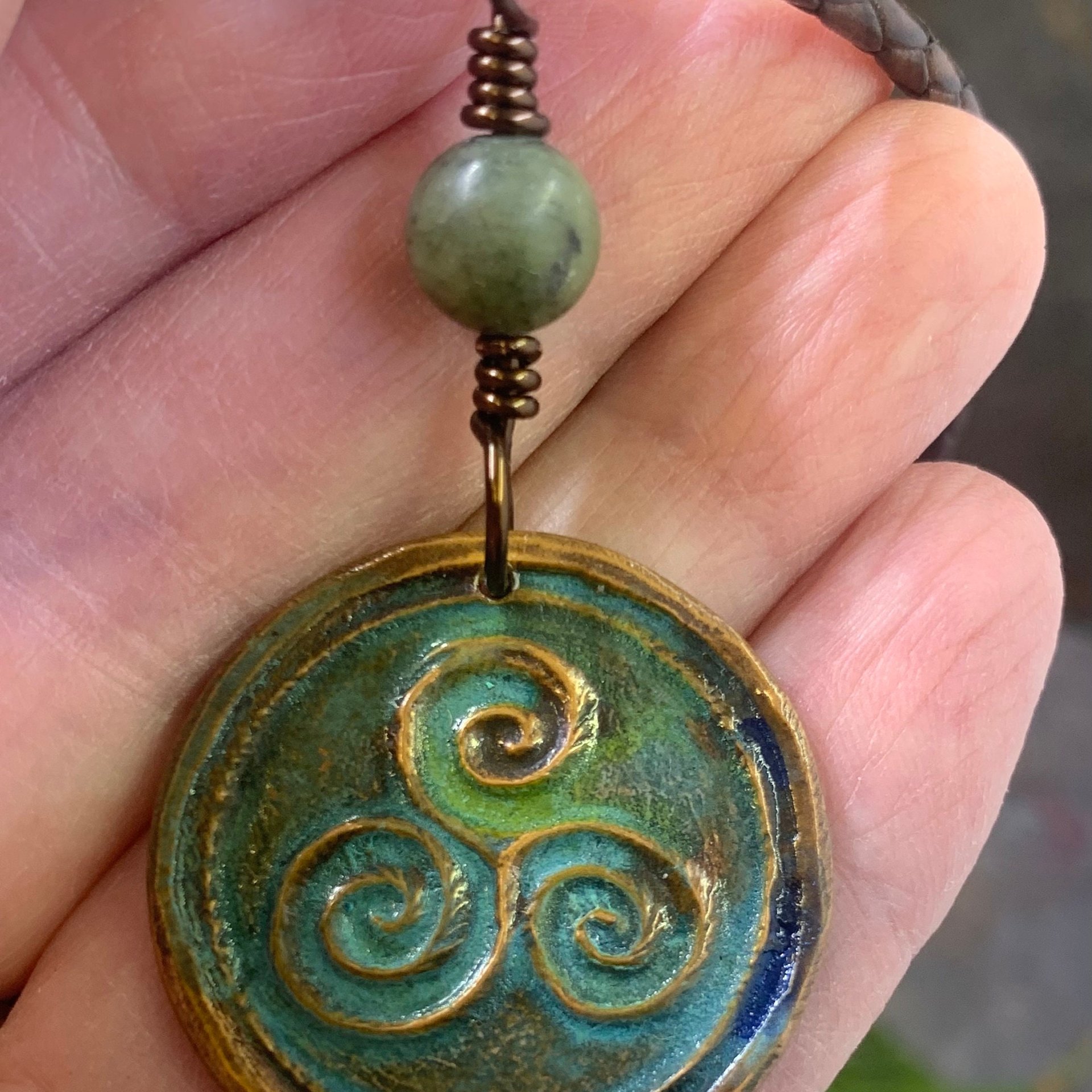Triskele Pendant, Triskelion, Triple Spiral, Copper Patina, Irish Celtic Jewelry, Connemara Marble, Pagan Wicca, Triple Goddess Charm