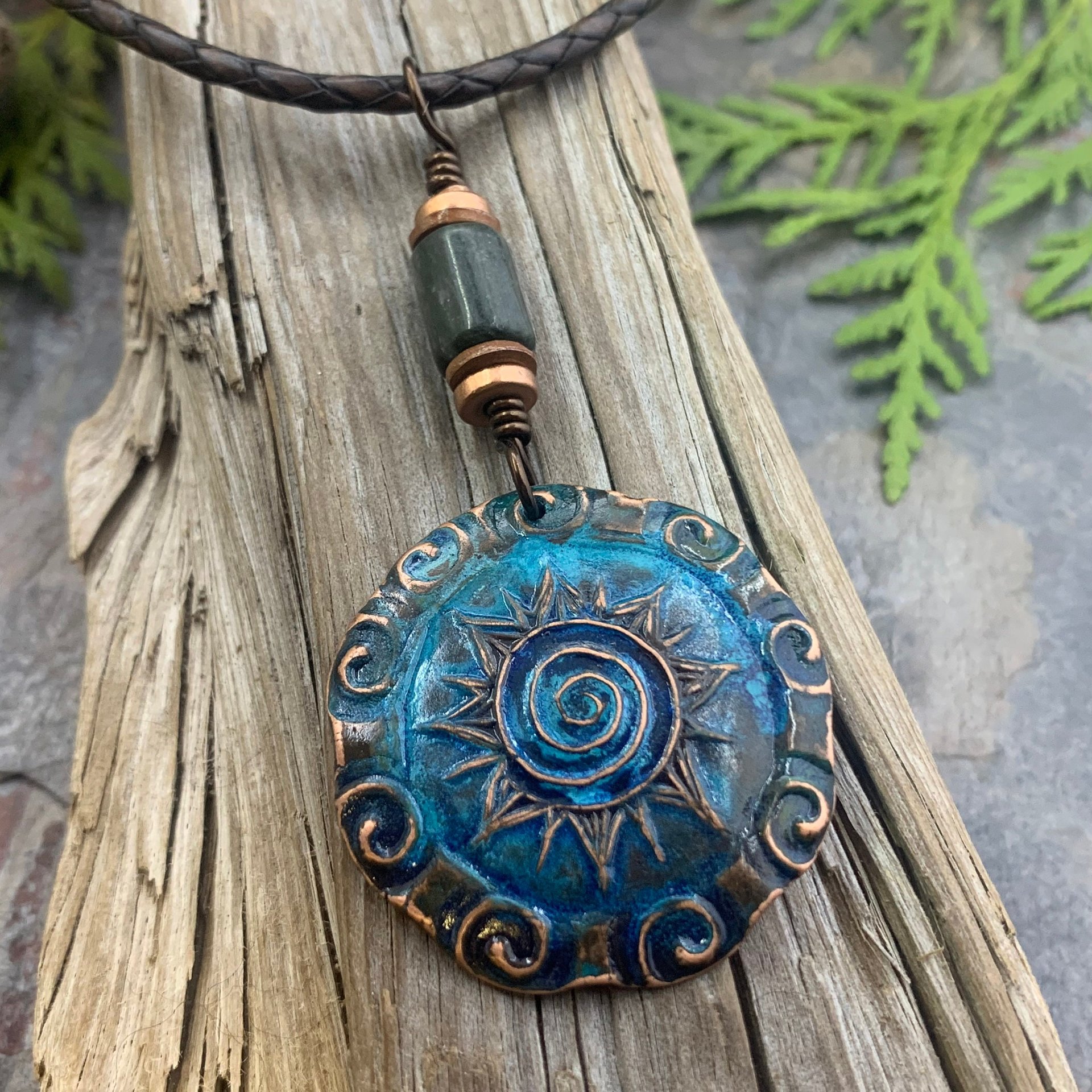 Celtic Sun Spiral Necklace, Copper Sun Charm, Irish Celtic Spirals, Connemara Marble, Hand Carved, Verdigris Patina, Handmade Art Jewelry